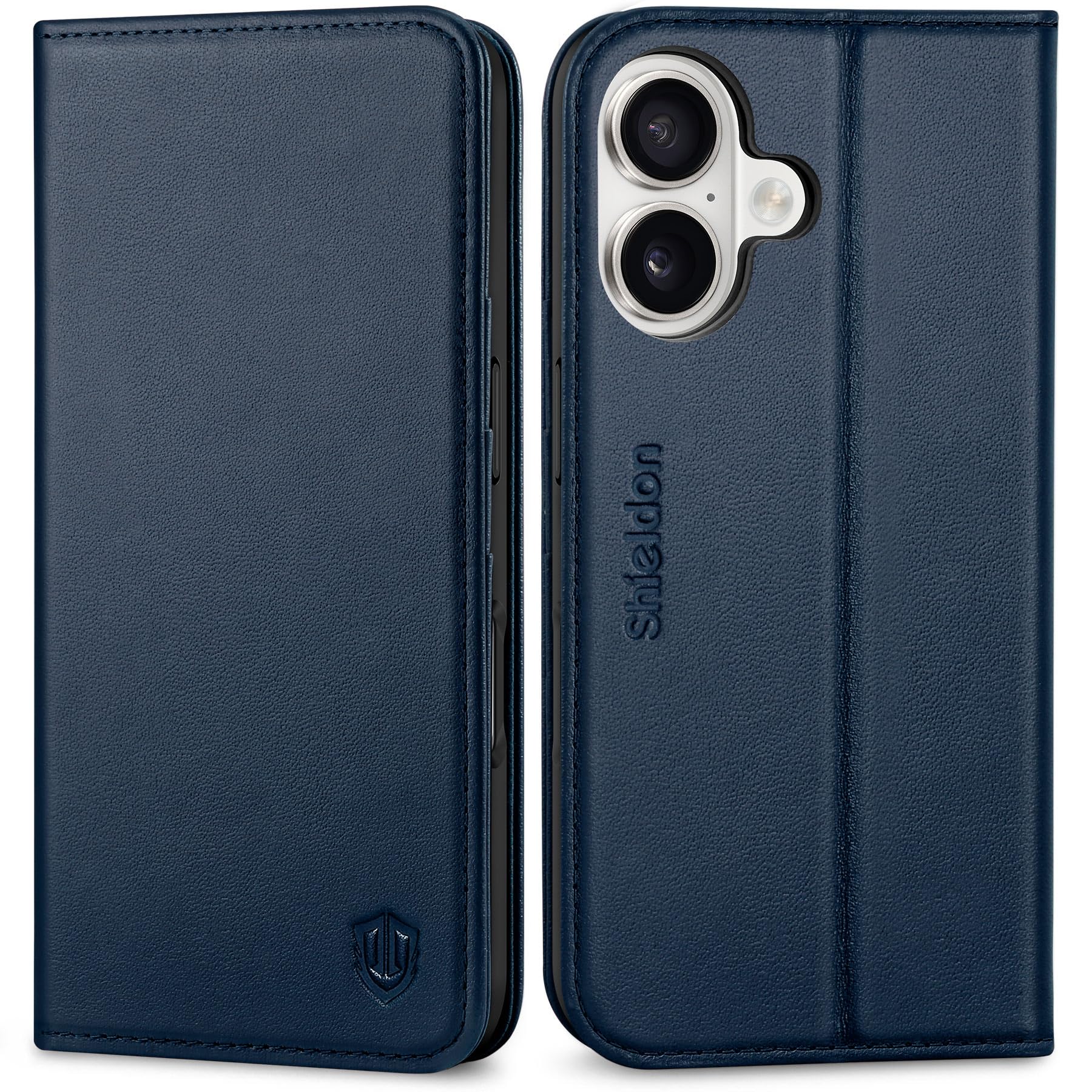 SHIELDON Case for iPhone 16 6.1" 2024, Genuine Leather Folio Wallet Magnetic Closure Kickstand RFID Blocking Card Slots Full Protection Cover