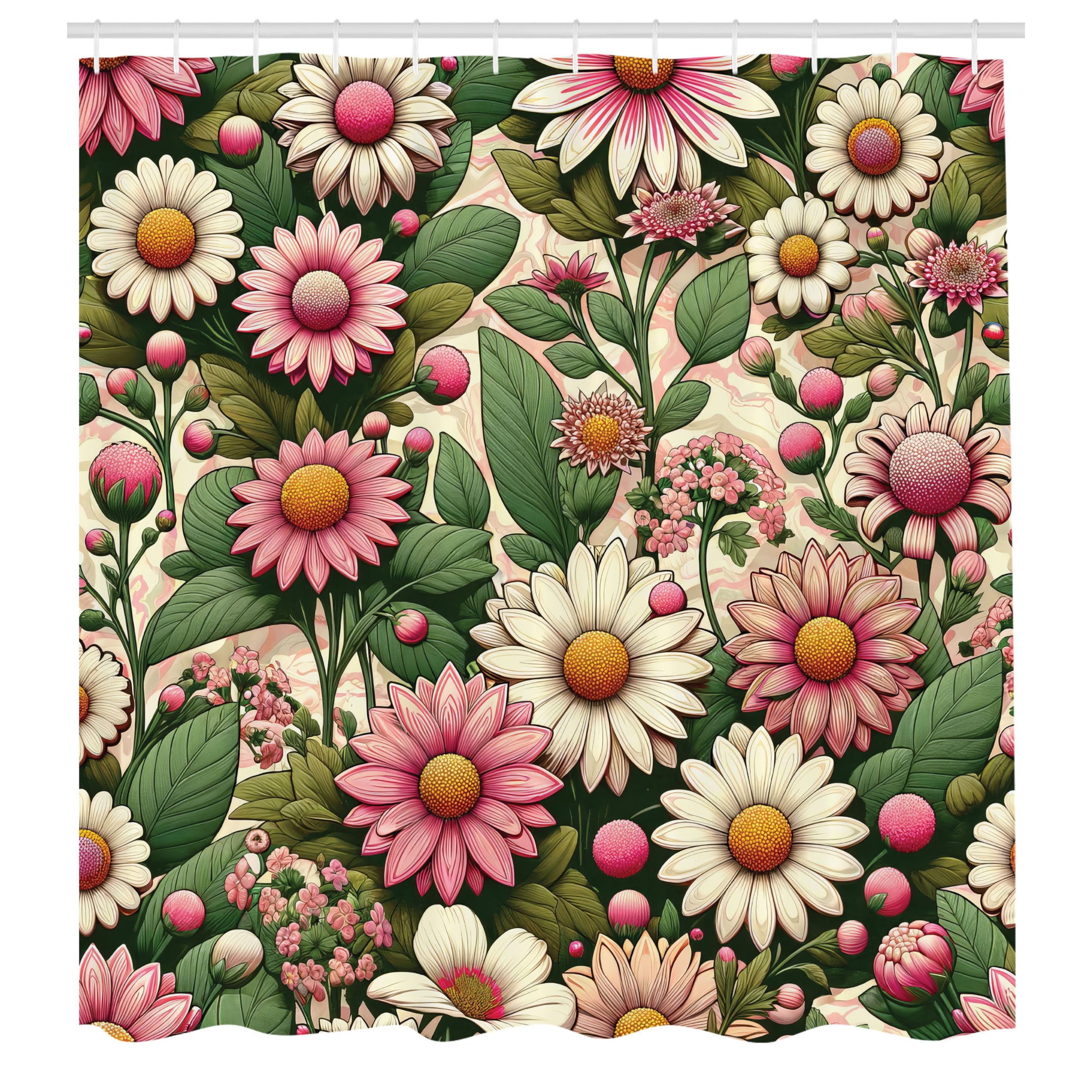 ABAKUHAUS Floral Shower Curtain, 70s Groovy Nature Flowers, Cloth Fabric Bathroom Decor Set with Hooks, 175 x 220 cm, Reseda Green Pink