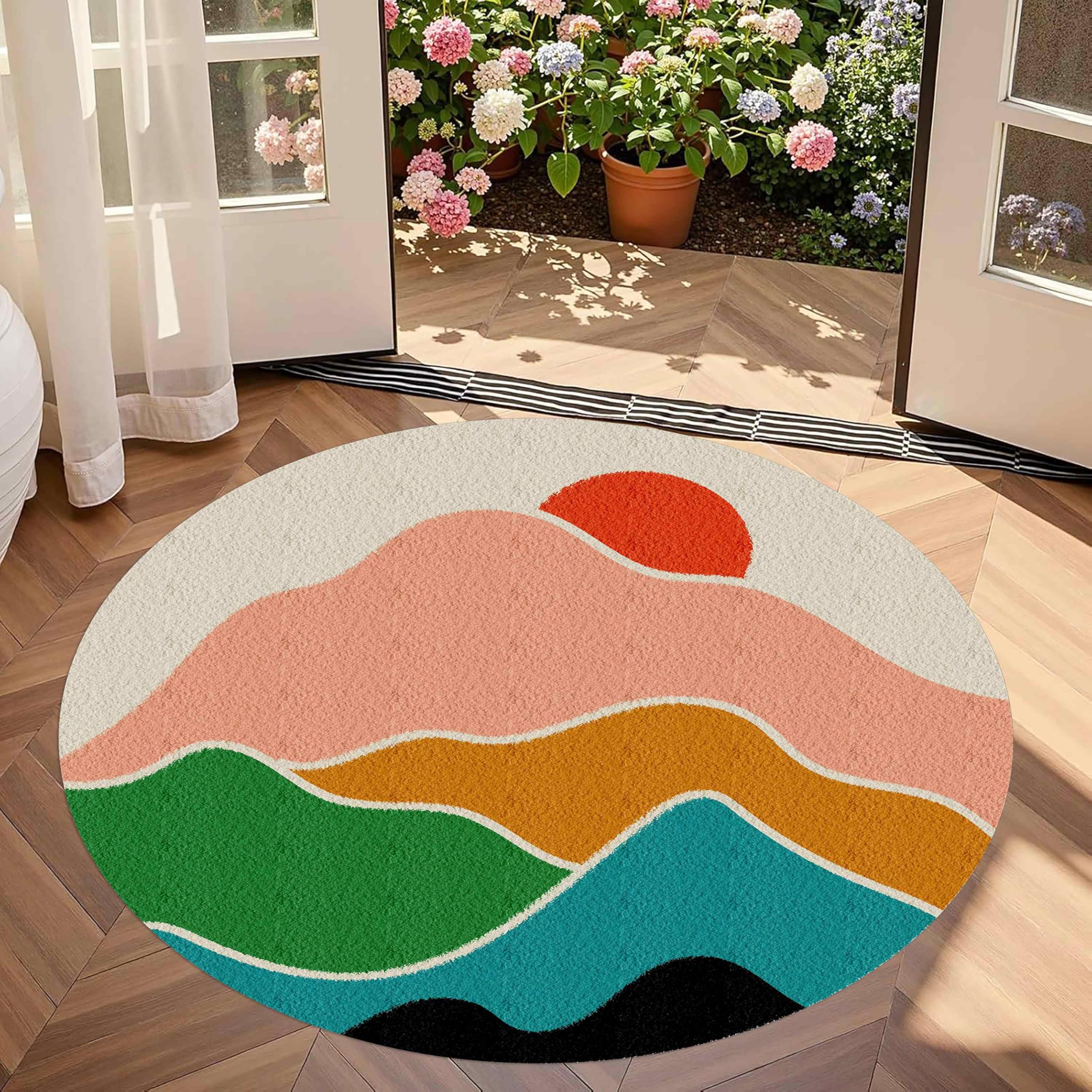 LHOMKCV Classic Rustic Circle Rug, 90cm, Fun Sunset Mountain Pattern Farmhouse Carpet, Indoor Washable Breathable Durable Kids Rugs for Bedroom Nursery