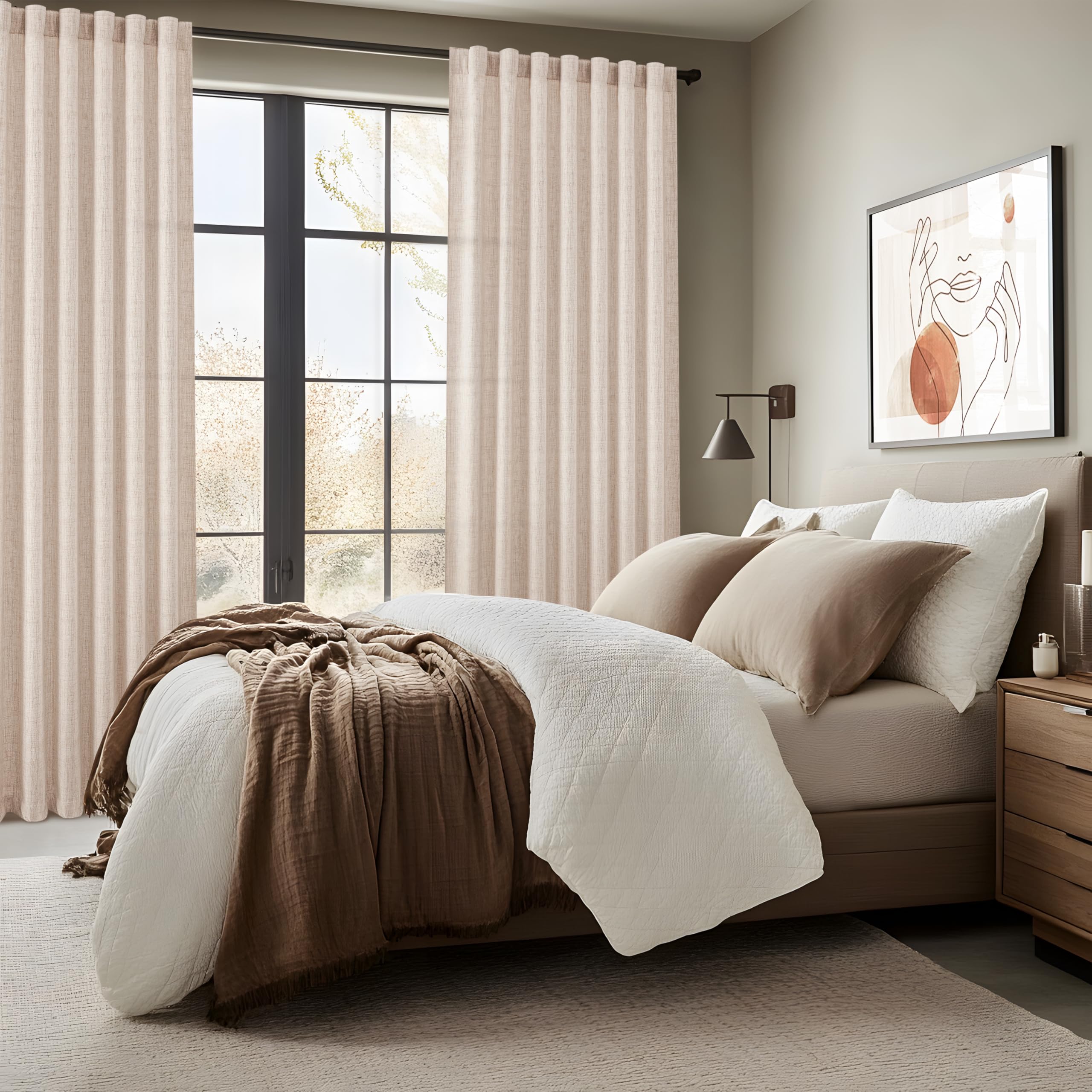 Lot de 2 Panneaux de Rideaux en Toile de Jute épaisse de 228,6 cm de Long pour Salon, Voilage plissé en Lin Naturel de Style bohème Rustique et Beige pour Chambre à Coucher, Rideaux de fenêtre