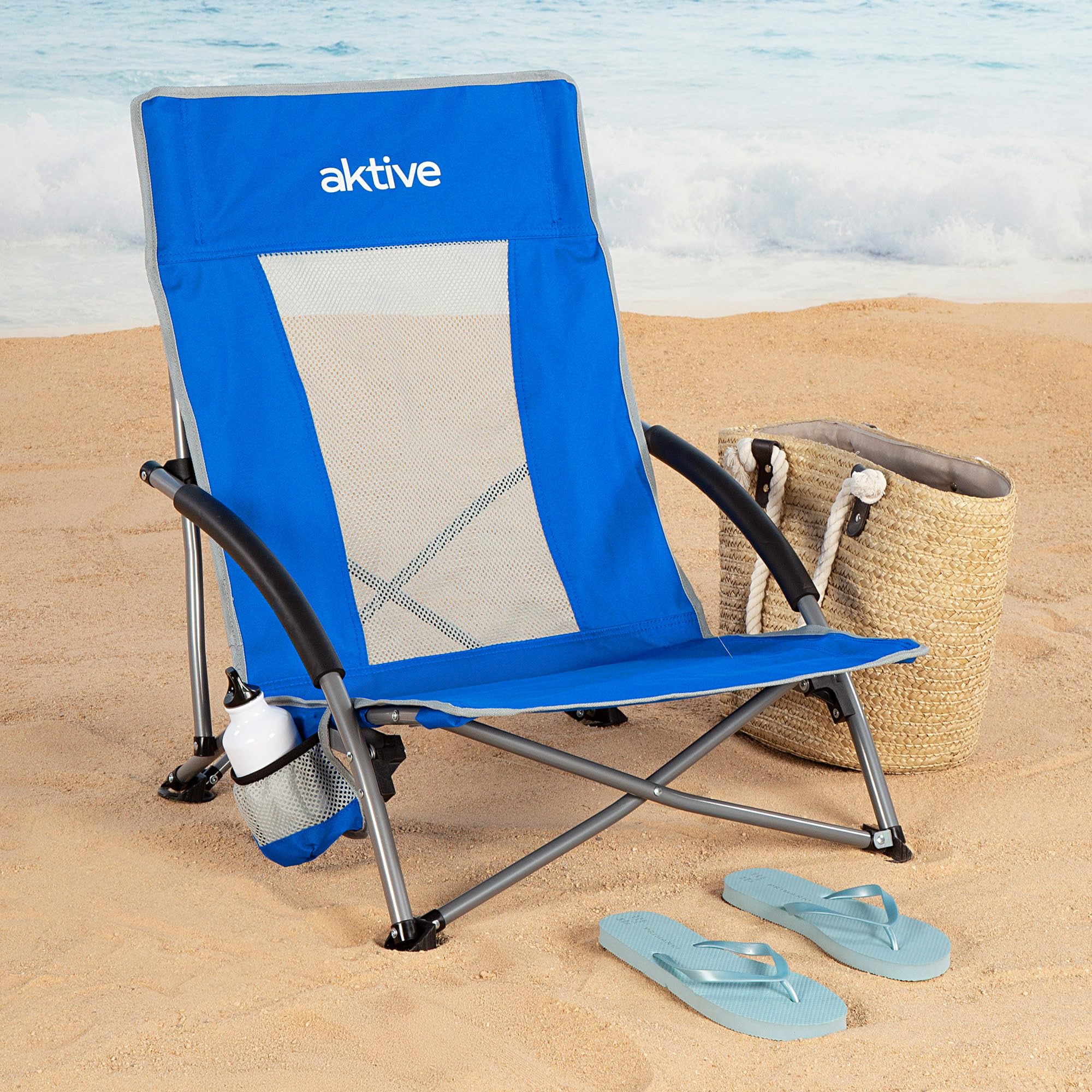 AKTIVE Pack de 4 chaises Pliantes de Plage, 50 x 51 x 67 cm, Structure en Acier, Tissu Polyester Respirant, Dessous de Verre latéral, Sac de Transport avec poignée bandoulière, légères et résistantes