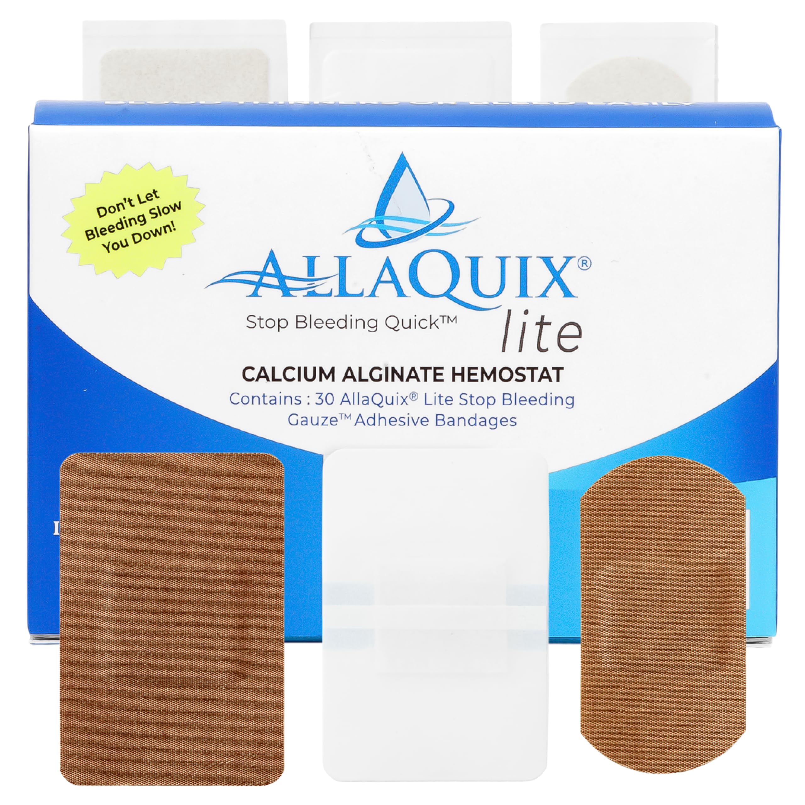 Stop Bleeding Fast – AllaQuix Lite Hemostatic Gauze Pads – Calcium Alginate Wound Dressing – Adhesive Bandages in 3 Assorted Sizes – Sterile, Quick Clotting, Nonstick – First Aid – 30 Count