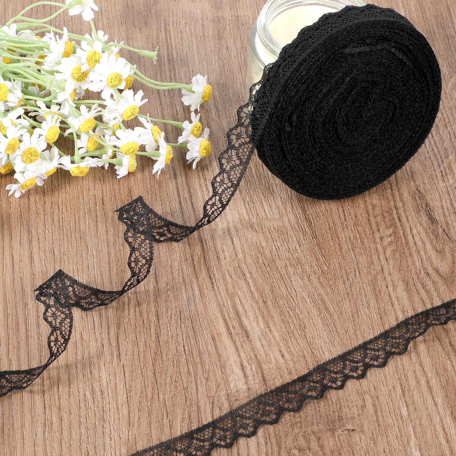 30 Yards Black Lace Ribbon Roll 0.6 Inch Wide Flower Fabric Lace Trim Roll Sewing Crafts Trim Ribbon for Wedding Decoration, Bouquet, and Gift Packaging