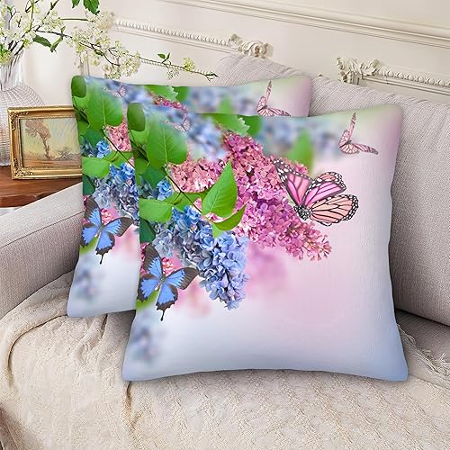 Miniatura 6 de Juego de 2 fundas de almohada de mariposa azul y rosa de 18 x 18 pulgadas, fundas de almohada decorativas de flores lilas, fundas cuadradas de