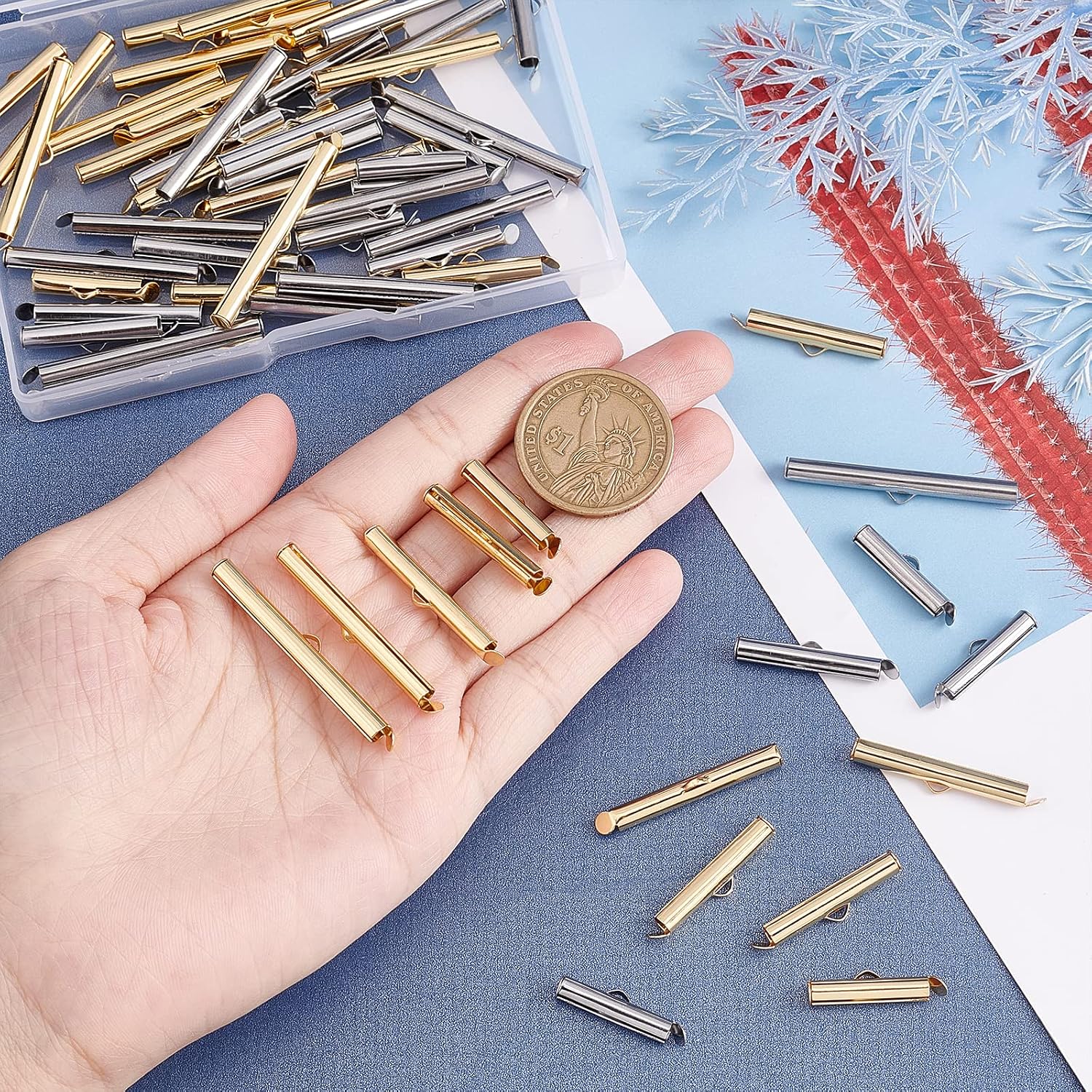 UNICRAFTALE About 60pcs 2 Colors Stainless Steel Slide On End Clasp Tubes Crimp End Tube for Round Slider End Caps Crimp Tube Buckle Clasps for Bead Looms Seed Bead Multi-Strand Necklace Jewelry