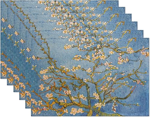 Juego de 6 manteles individuales con diseño de almendros en flor, resistentes al calor, lavables, antideslizantes, para decoración de fiestas,