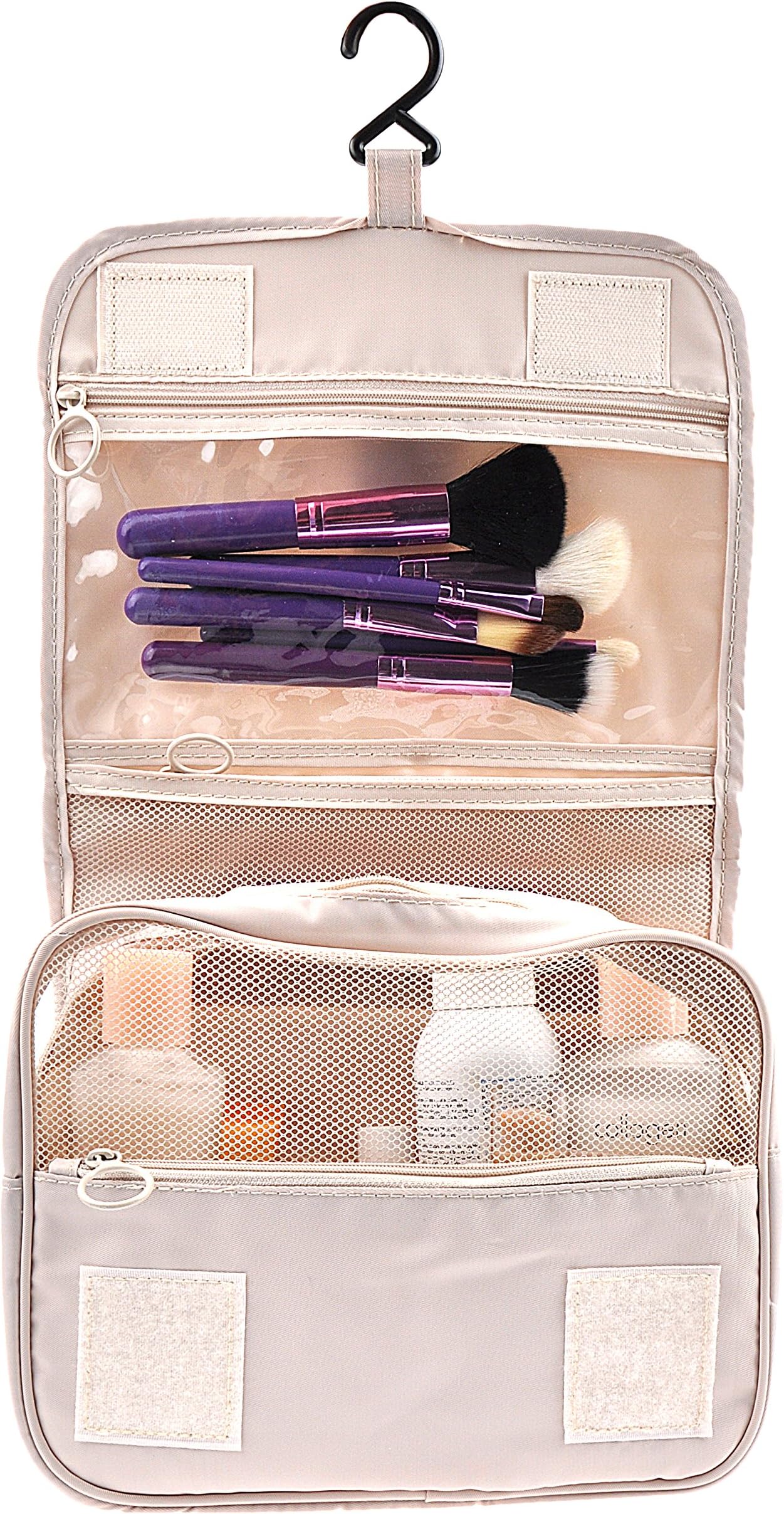 Portable Waterproof Travel Kit Toiletry Cosmetic Bag Hanging Hook For Men and Women Beige