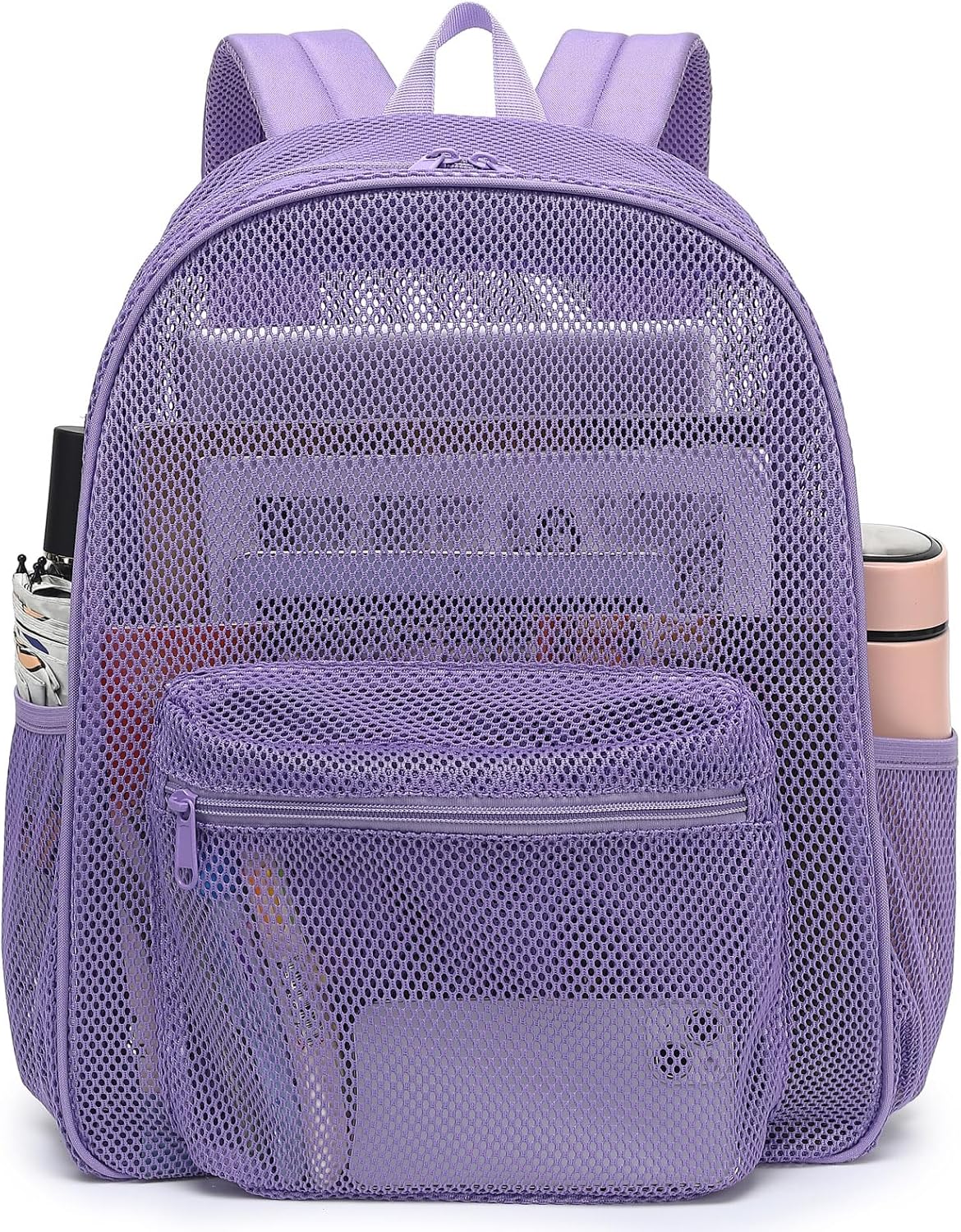 Fuyicat Purple Mesh Backpack for Girls, Semi-Transparent School Bookbag See Through Beach Bags for Kids Women - Image 2