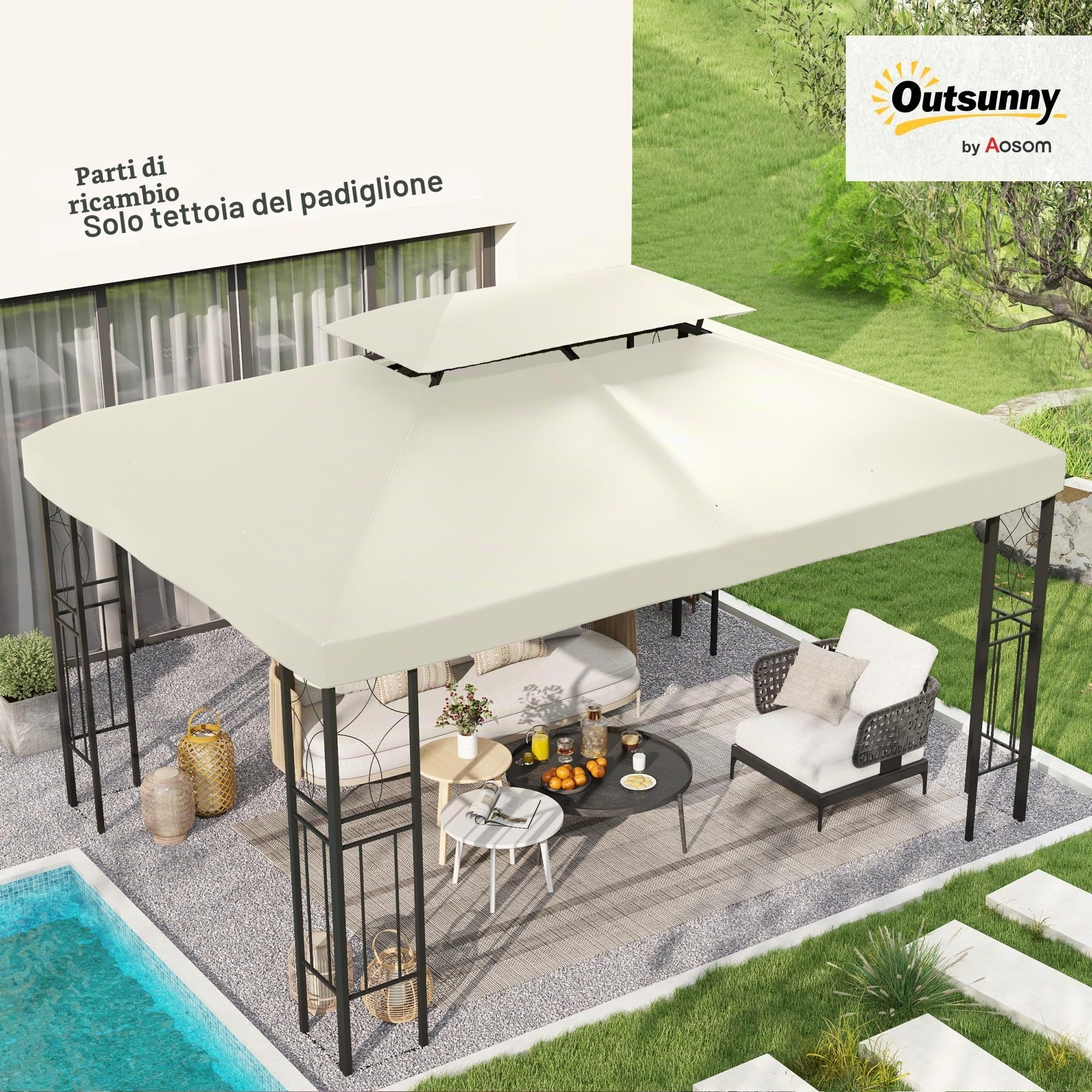 Outsunny Copertura per Gazebo da Giardino Tetto Sostitutivo Anti-UV Impermeabile 3x4m Beige
