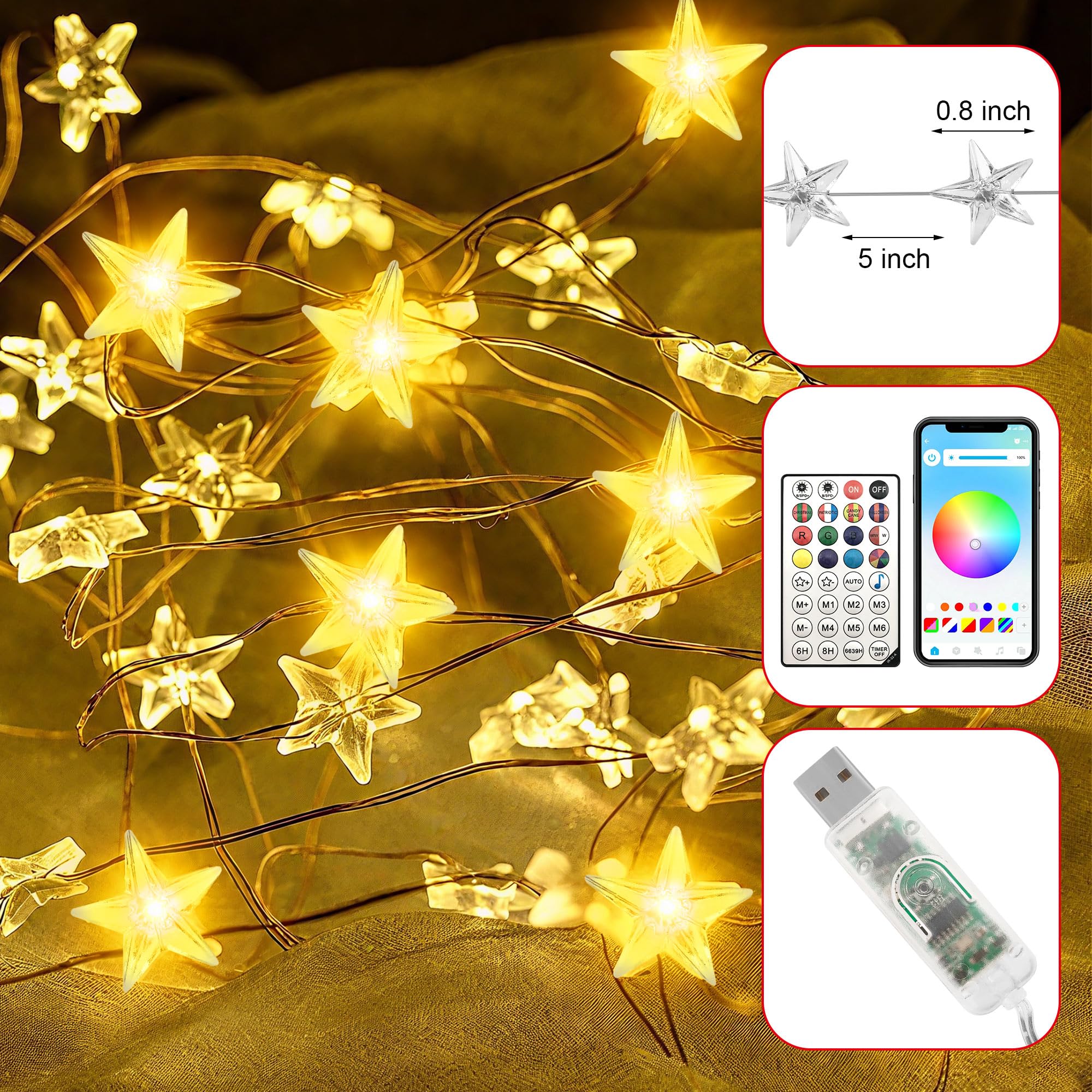 Smart Star - Luces de Navidad para interiores, 33 pies, 80 luces LED USB, aplicación y control remoto, sincronización de música, cadena de luces de estrella para dormitorio