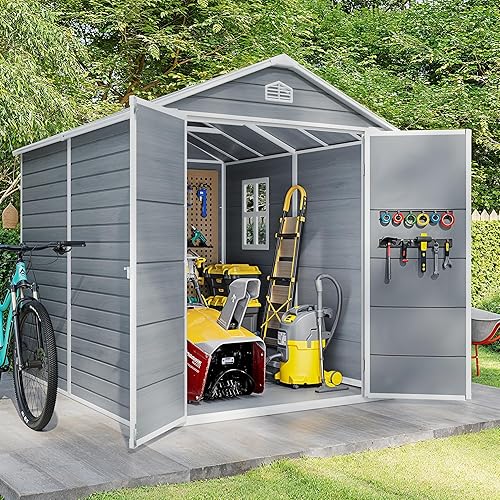 Gizoon 8x6 FT Outdoor Plastic Storage Shed with Reinforced Steel Frame, All-Weather Waterproof Resin Construction, Lockable Doors, Included Floor and Window for Backyard, Garden, Patio