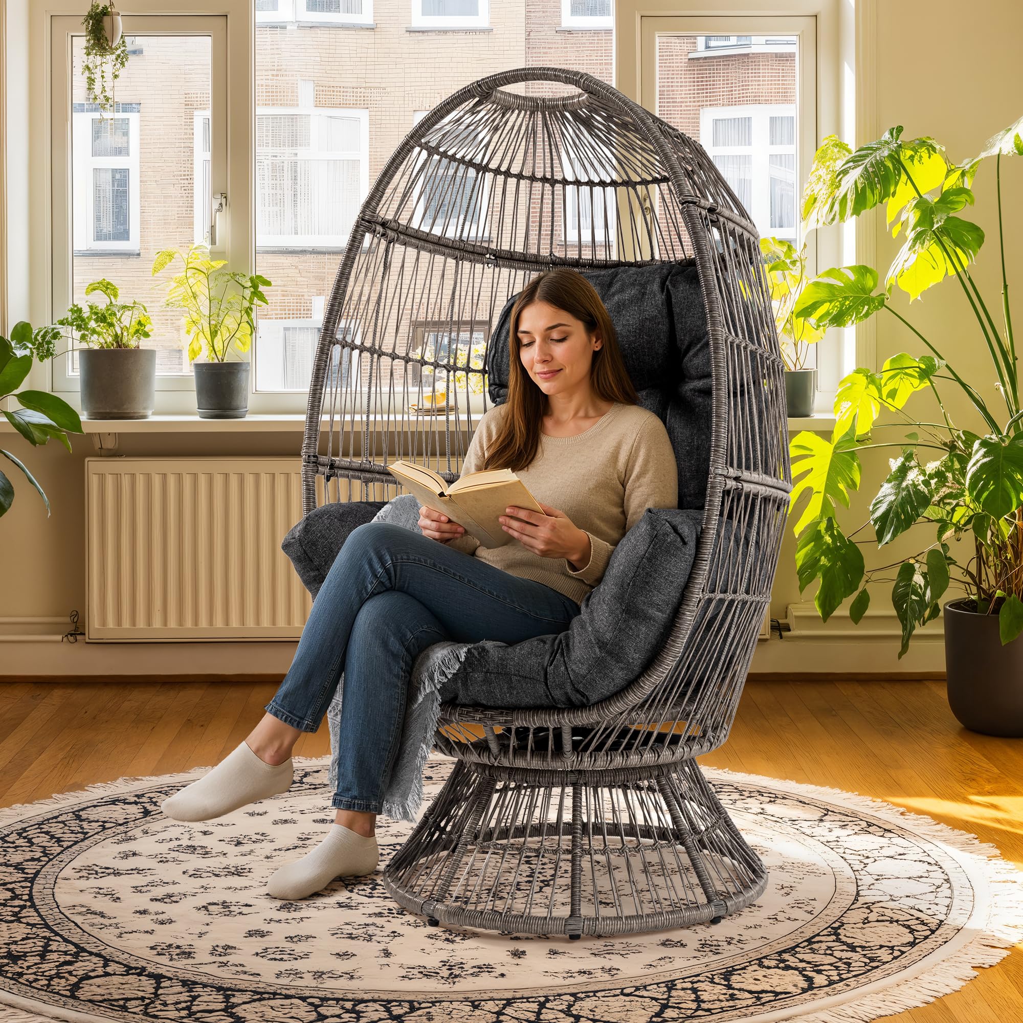 Photo 1 of Bme Heavy Duty 400 lbs Capacity Wicker Egg Chair for Outside & Indoor, 360 Degree Smooth Swivel Mechanism, UV 2000 Hours Material with Flame Retardant Tested Cushion, Durable Against Water, Weather
