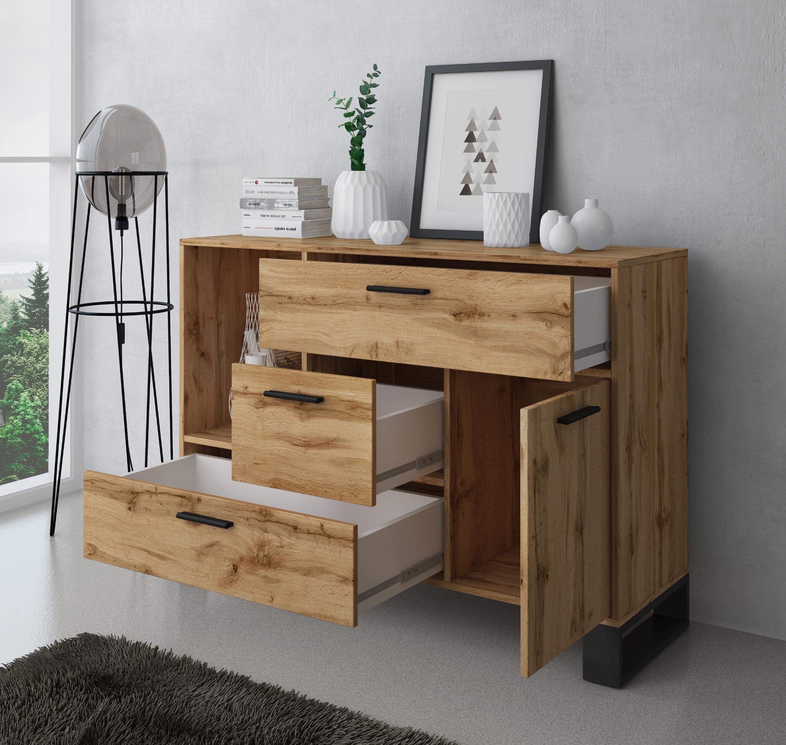 Skraut Home | Ensemble Buffet + Meuble TV + Table Basse pour Salon | Modèle Loft | Ensemble Salle à Manger | Structure Résistante | Montage Facile | Finition Rustique