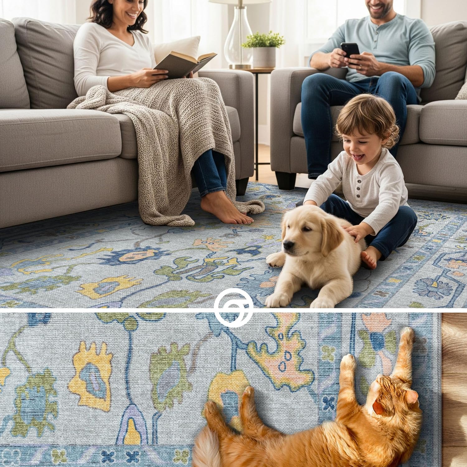 Blue Oushak Runner Rug Hallway 2'5x7' - Traditional Washable Vintage Turkish Pastel Runner Rugs with Rubber Backing, Short Runner Rug for Entryway, Laundry, Bedroom, Kitchen, Bathroom
