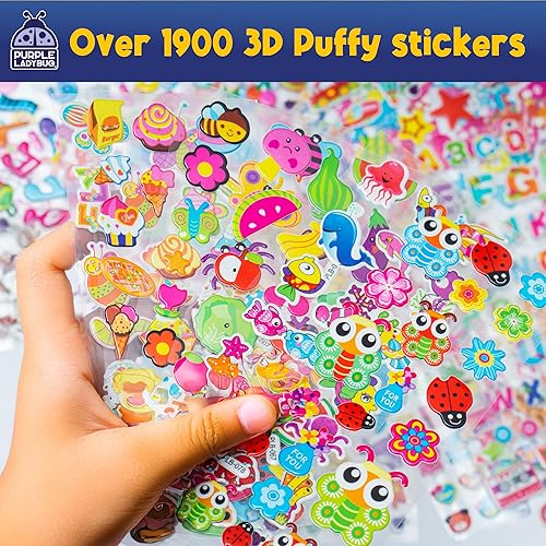 Miniatura 3 de Purple Ladybug 1900+ colección de calcomanías hinchadas para niños de 4 a 8 años - 80 hojas únicas reutilizables, diseños 3D creativos - calcomanías
