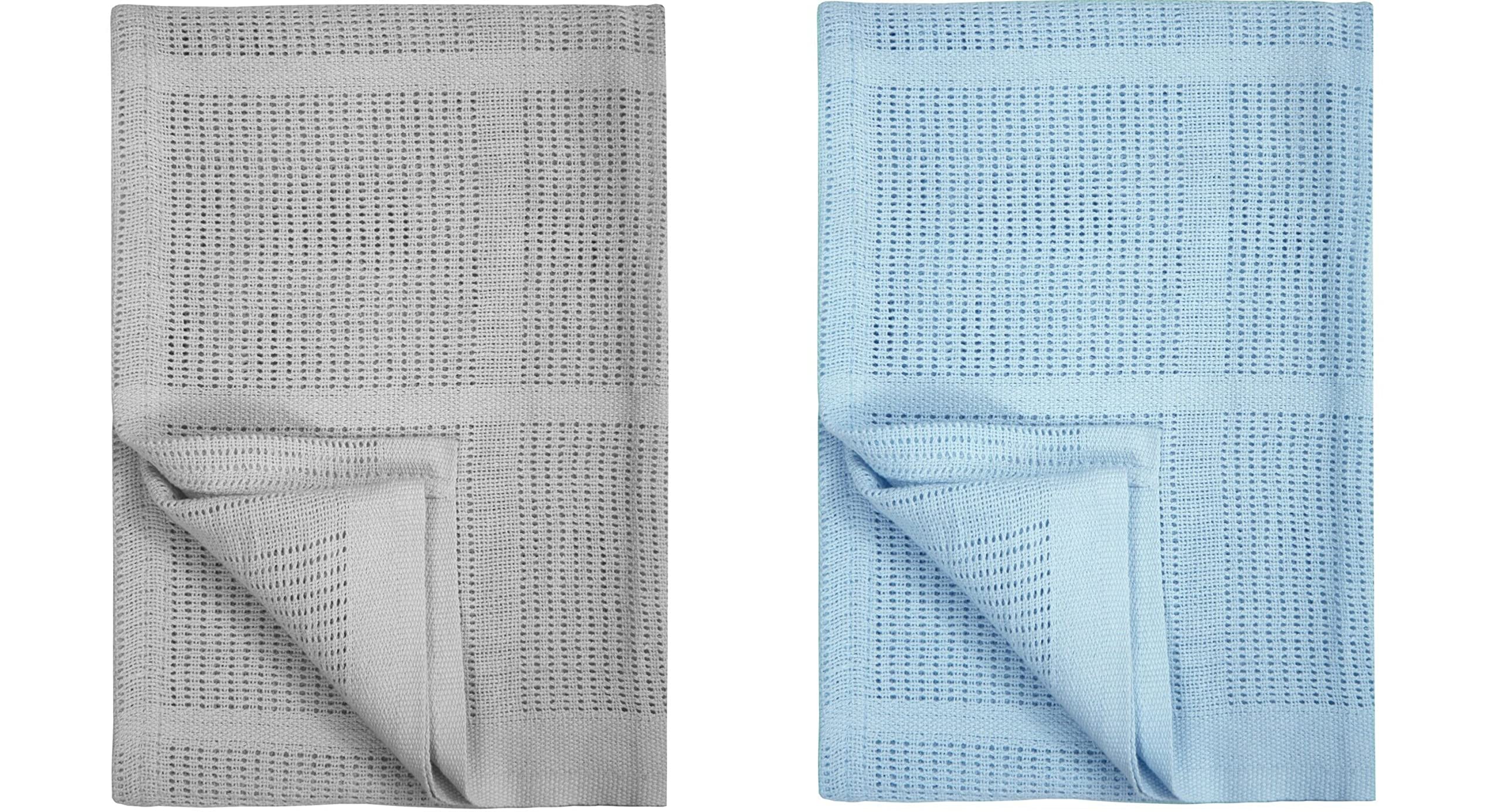 Pack of 2 Newborn Baby Girl Boy Unisex Extra Soft Light Weight Cellular Blankets| 100% Cotton Machine Washable| Fits for Moses Basket Pram Crib Travel Car Home| 70 X90 CM Value Pack (Grey & Blue)
