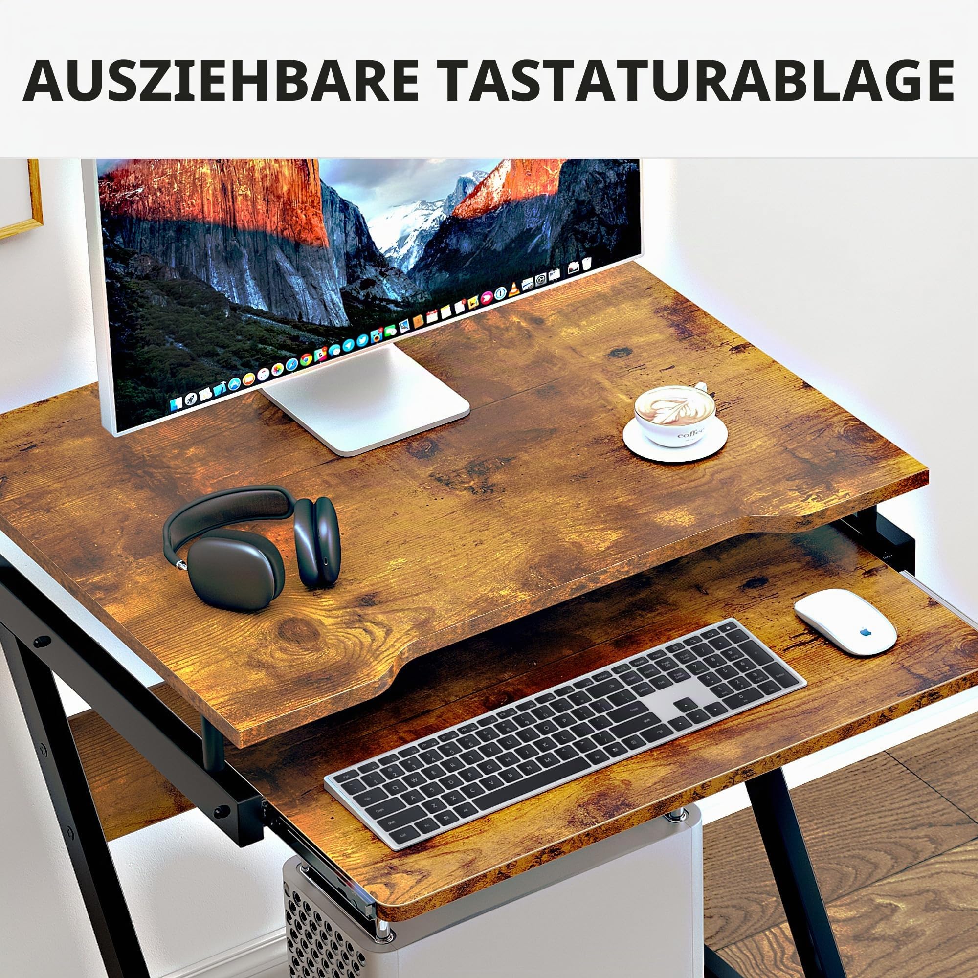 sogesfurniture mobiler Computertisch Schreibtisch in Z-Form, platzsparender PC Laptop Tisch Bürotisch mit 4 Rollen, leichtgängiger Tastaturauszug, Vintagebraun