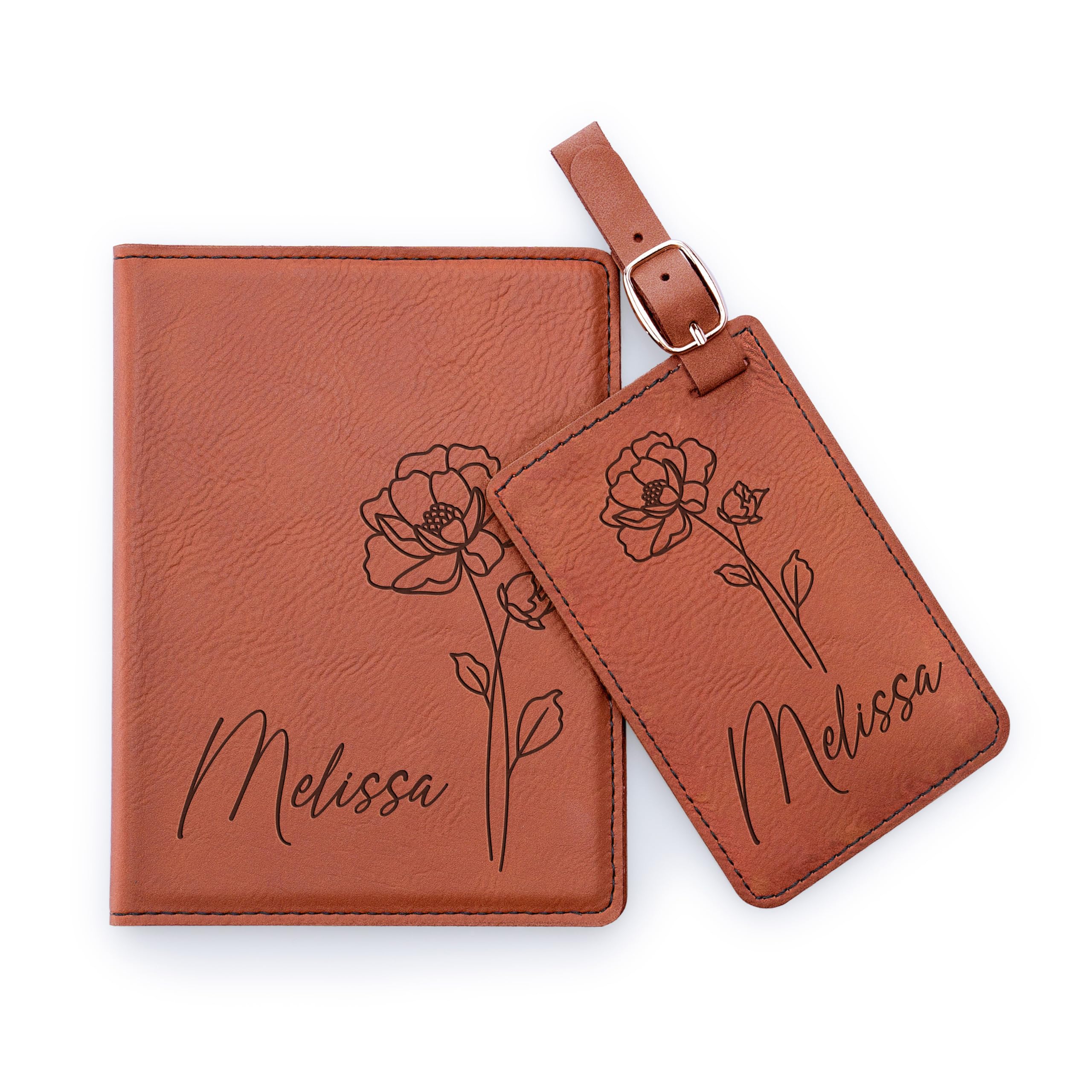Customization MillPersonalized Leather Passport Cover Holder and Luggage Tag Set for Women with Flower Birth and Name, Custom Engraved Passport Cover Suitcase Tag with Name | Chestnut