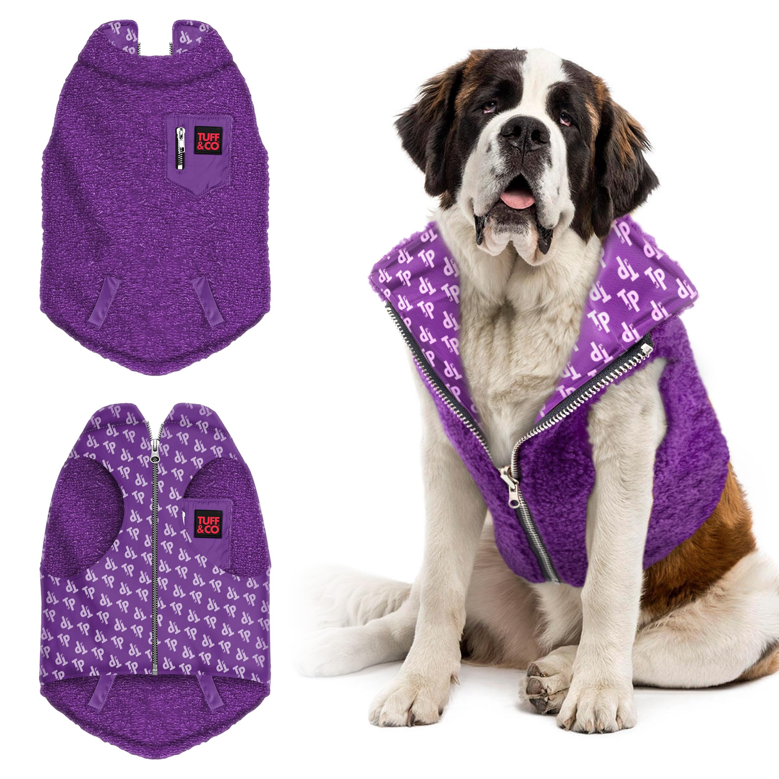 Tuff Pupper Reversible Fleece Sweater Vest for Dogs | Lightweight Comfortable Insulated Jacket | Front Zip Closure | Machine Washable | Built-in Leash