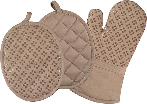 Juego de 3 manoplas de horno y soportes de silicona para cocina, almohadillas calientes antideslizantes y guantes de horno, Oeko-Tex 100% algodón