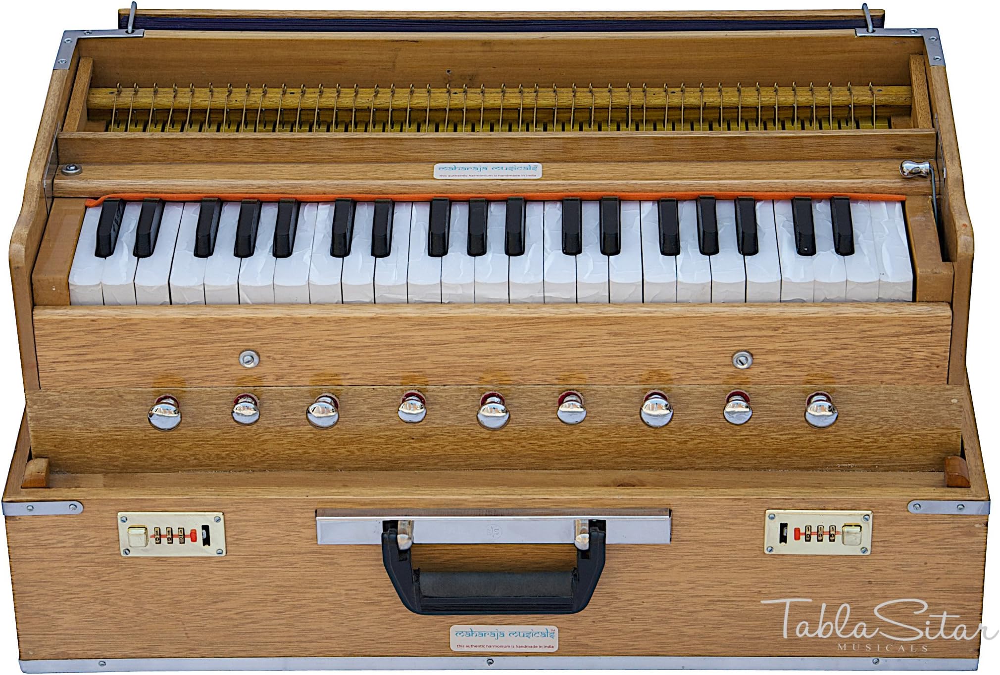 Harmonium by Maharaja Musicals, Folding, 9 Stops, In USA, Portable, Natural Color, 3 1/2 Octaves, Tuned to A440, Coupler, Bag, Indian Musical Instrument (PDI-AHH)