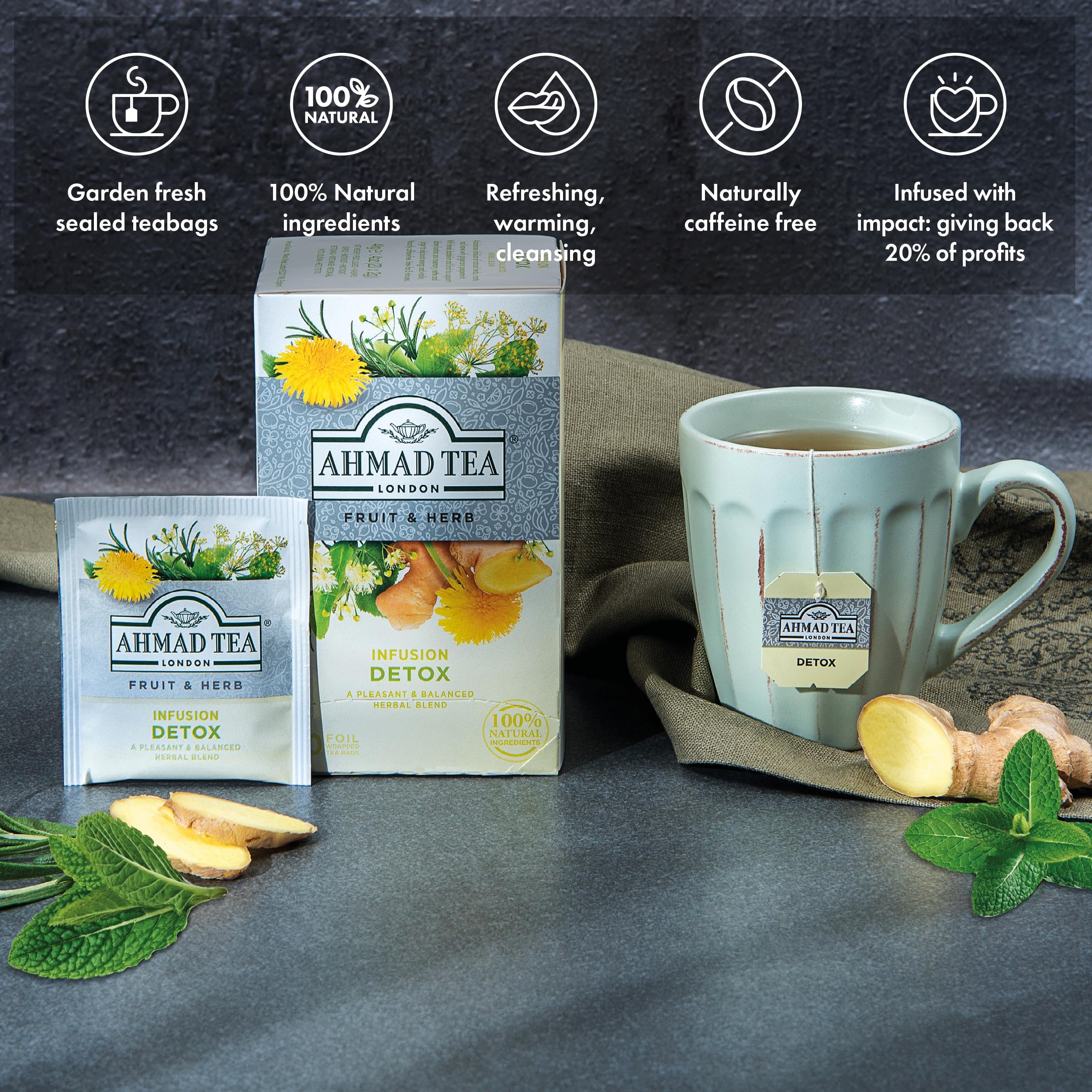 Herbal Tea, Ginger, Peppermint, Fennel, Dandelion, & Birch 'Detox' Teabags, 20 ct (Pack of 1) - Decaffeinated & Sugar-Free