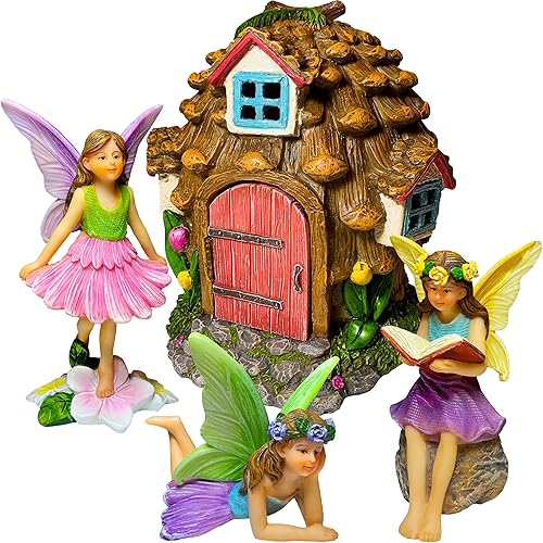 Mood Lab Fairy Garden - Kit de casa de hadas de piñas de 4 piezas - Juego de figuras y accesorios en miniatura - Decoración para exteriores o casa