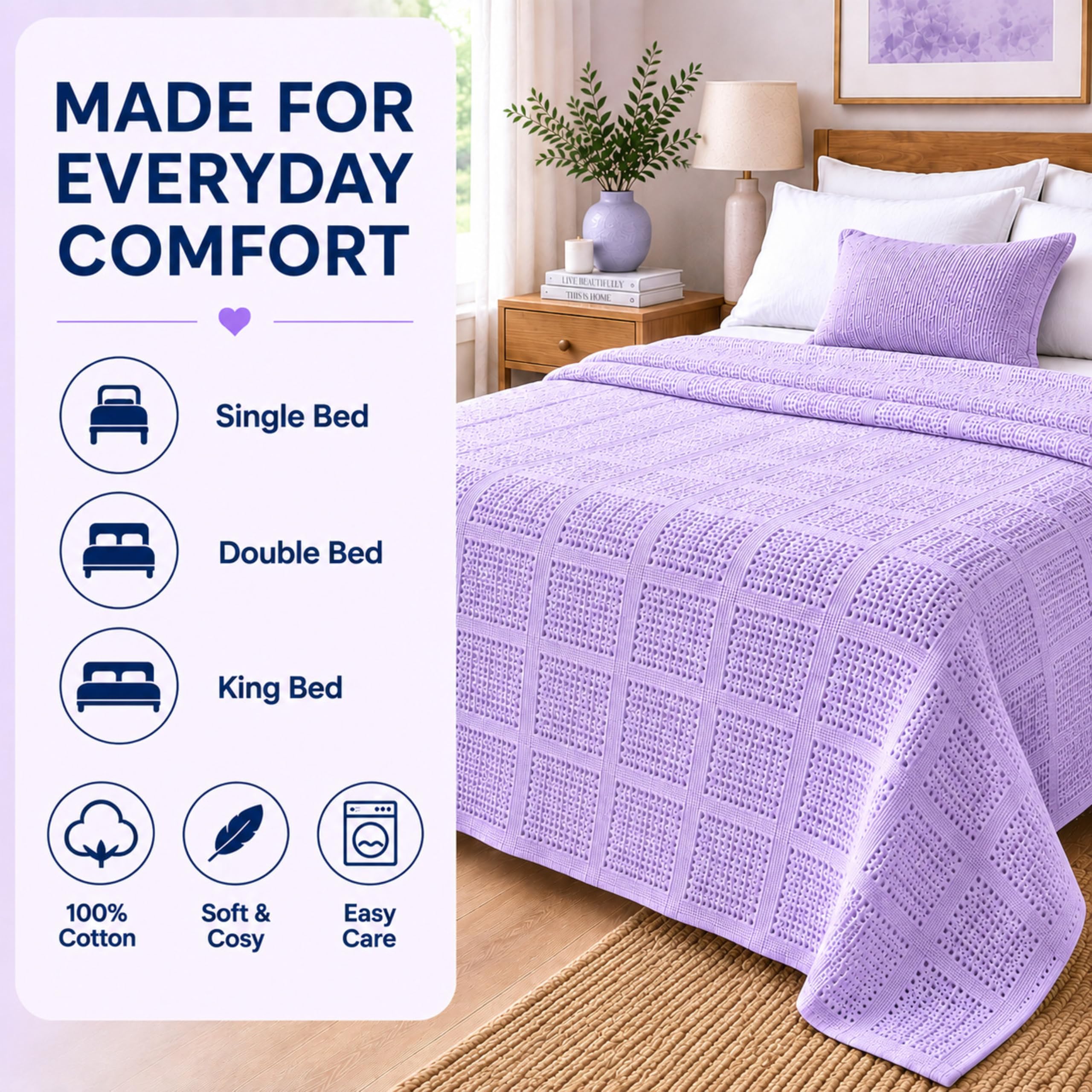 Family Bedding Manta de algodón Cellular King, Lila, 230 x 260 cm