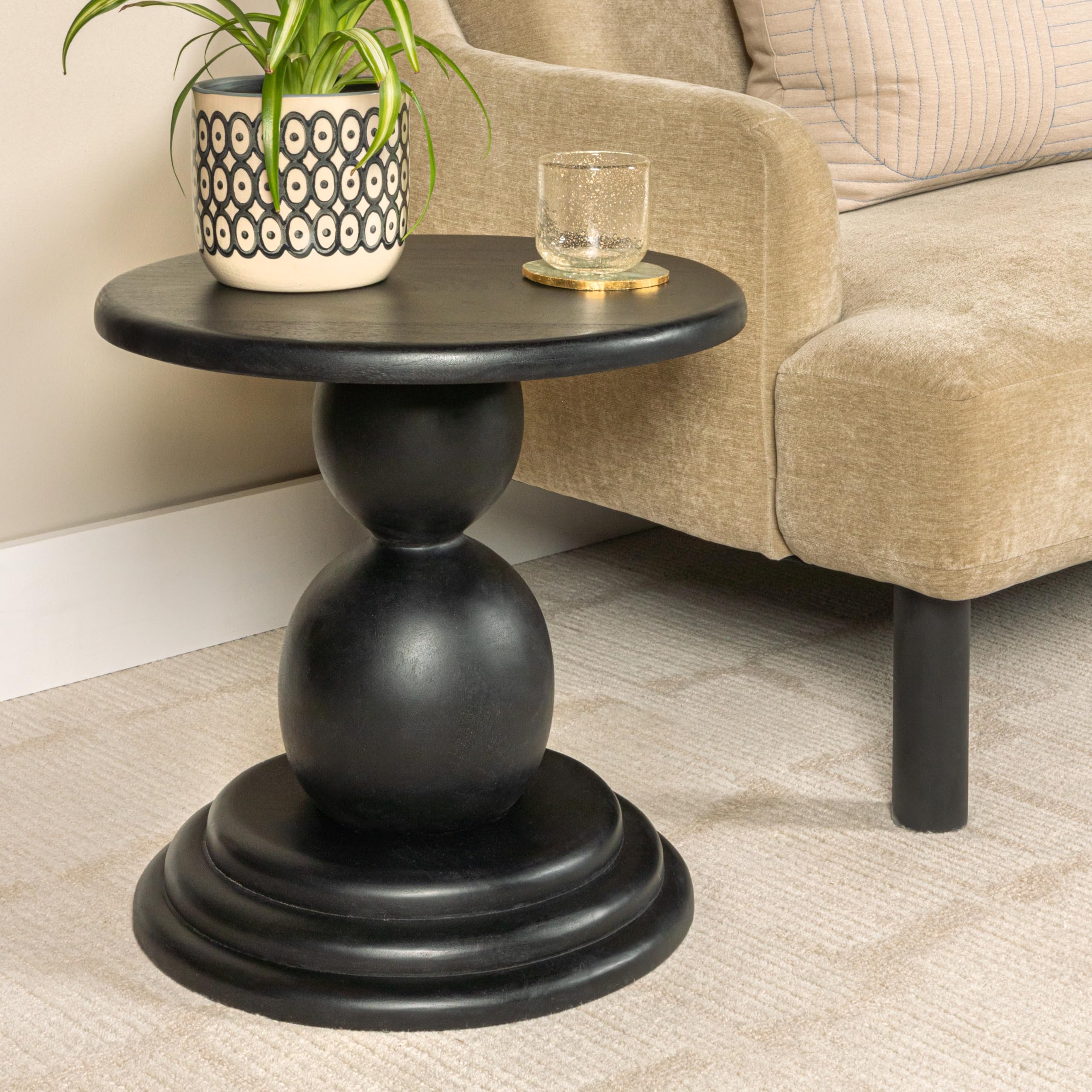 Creative Co-Op Round Mango Wood Bulbed Pedestal End Table, Black