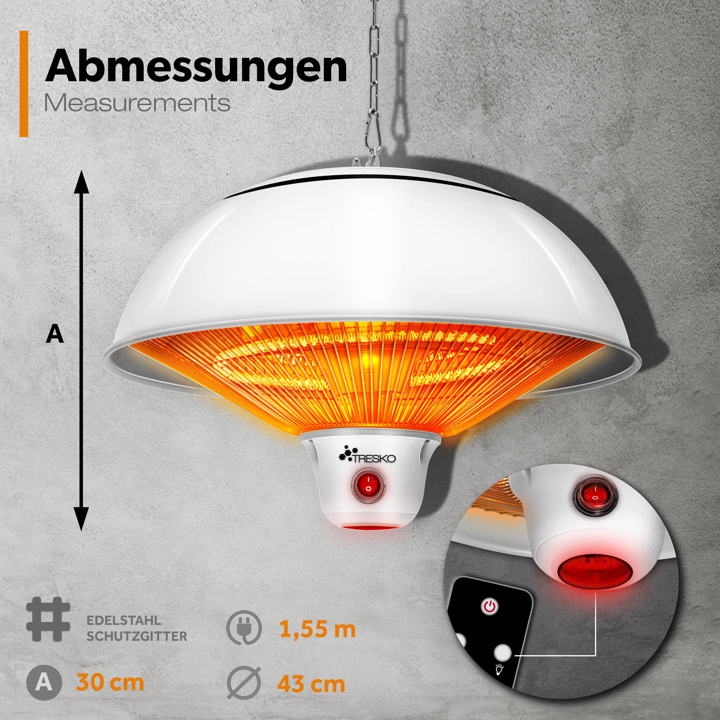 TRESKO promiennik sufitowy na podczerwień, 1500 W, pilot zdalnego sterowania, wyświetlacz LED, elektryczny promiennik ziemny, 3 poziomy ciepła (biały)