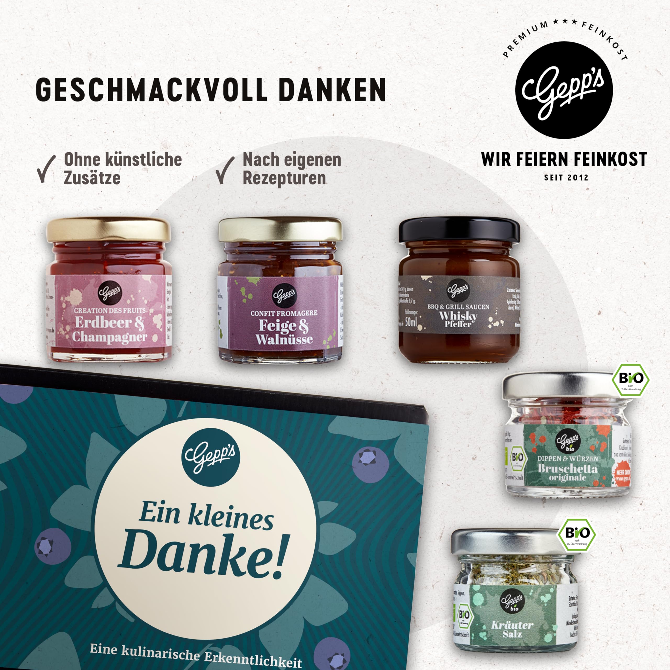 Gepp's Feinkost Mini Danke Geschenkbox I Geschenkkorb mit 2 Gewürz-Variationen, 2 fruchtigen Konfitüren und einer Edelsauce I perfekt zum Verschenken oder selbst genießen