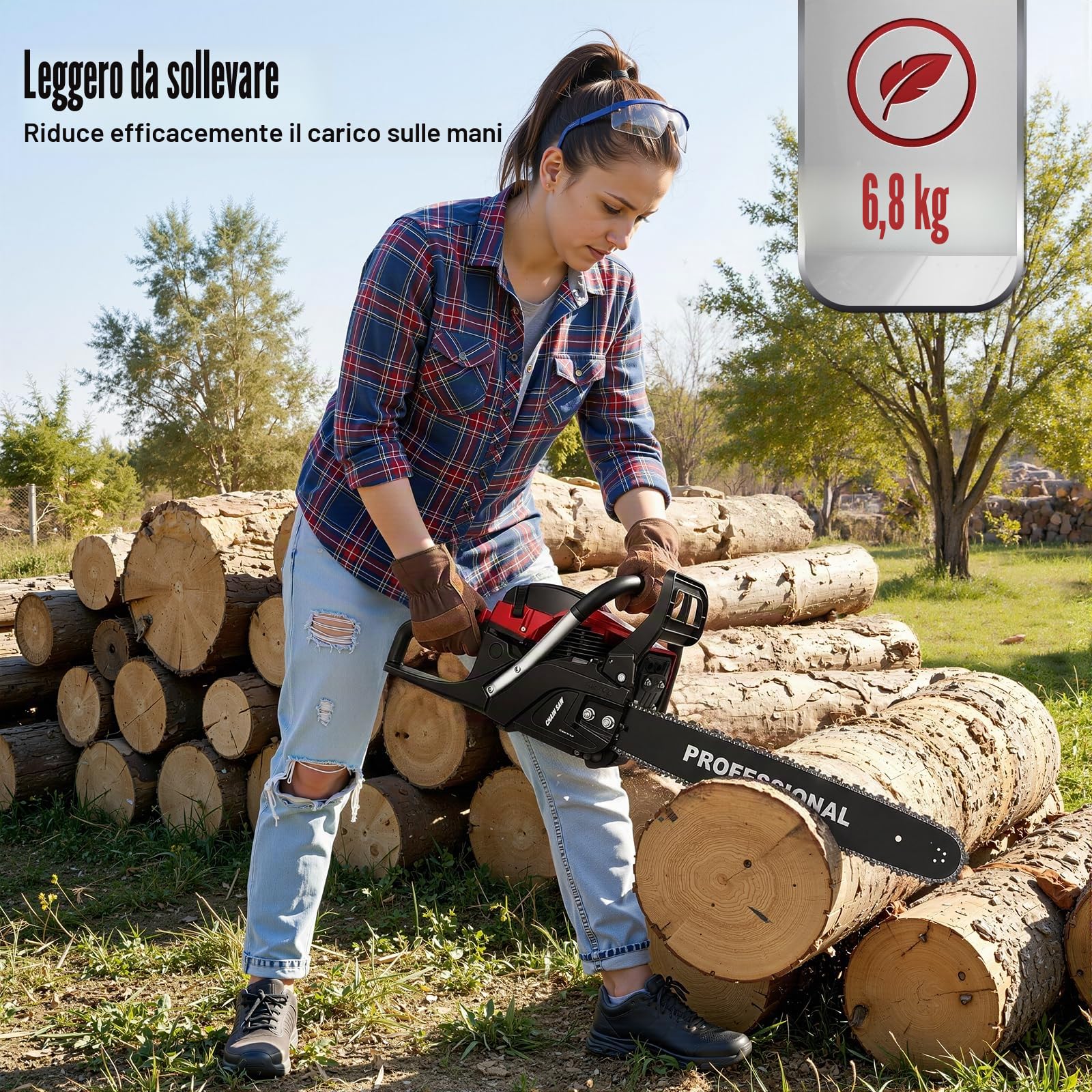 Sega a catena a benzina da 58 cc, pratica sega per legno per uso in giardino e lavori di costruzione, motosega 4,5 CV 2400 W, lama per sega da 50 cm, con paramano, freno del sistema e kit utensili, 1