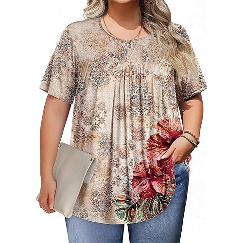 IN'VOLAND Womens Plus Size Tops Short Sleeve Tunic Crew Neck Shirts Summer Casual Loose Blouse 1X-5X