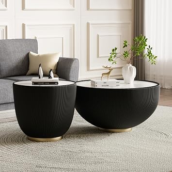 Round Marble Coffee Table Set of 2, White Sintered Stone Coffee Table and End Table Set, 2 Piece Living Room Table Set with Fluted Leather Covered & Gold Metal Base, Luxury Cocktail Tables Set,Black