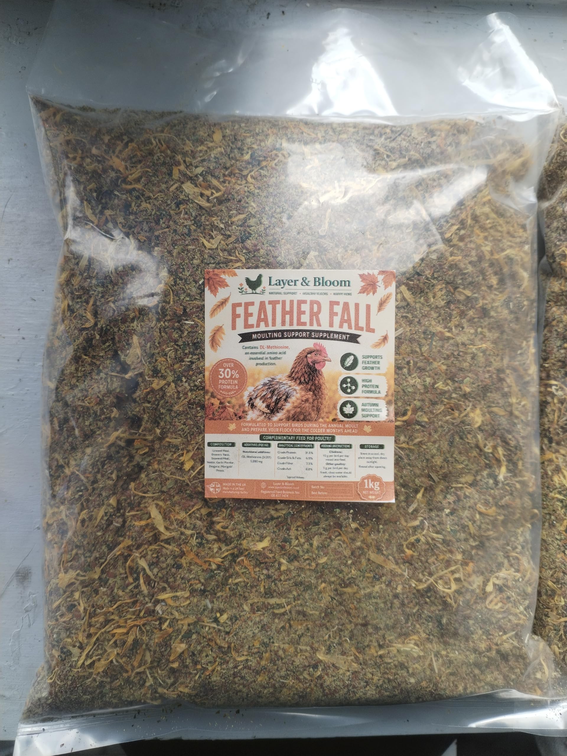 1kg Feather Fall - Poultry Moulting Support Supplement | High Protein Formula with DL-Methionine, Brewers Yeast & Seaweed | Supports Feather Growth for Chickens & Poultry