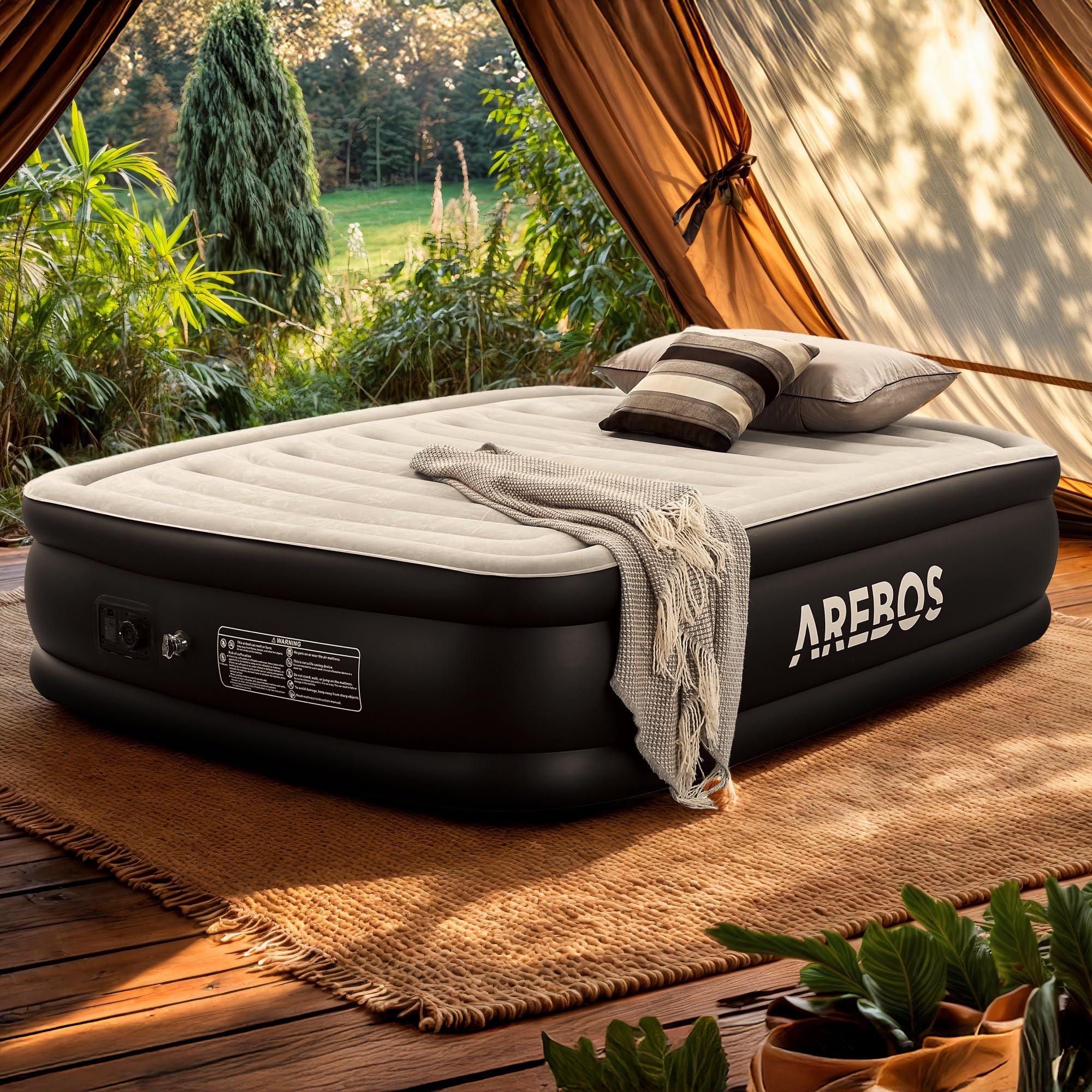 Arebos Aufblasbares Luftbett 203x152x51 cm für 2 Personen, integrierte Elektropumpe, selbstaufblasende Luftmatratze als Gästebett oder Campingbett Grau/Anthrazit