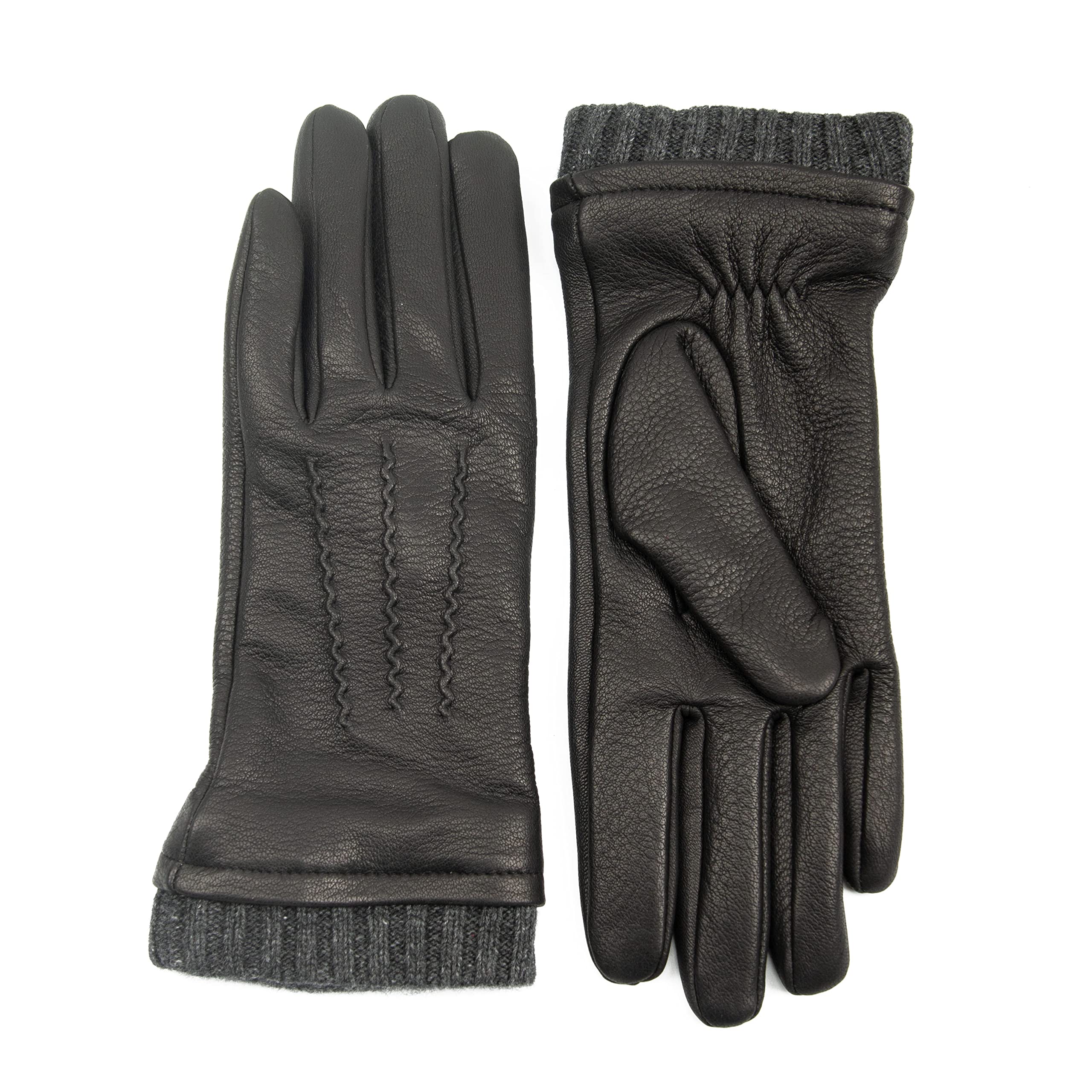 Exklusive Hirschleder Damen Lederhandschuhe mit Kaschmir-Fütterung, lang geschnitten mit Strickstulpe, Sportlicher Look, Hirschlederhandschuhe, warm, gefüttert