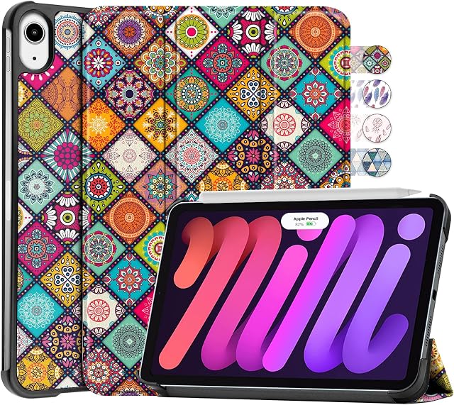 Delidigi iPad Mini 6 Case, Stylish Slim Hard PC Cover for iPad Mini 6th Generation 8.3 Inch 2021, iPad Mini 6 Sleeve with Trifold Stand, Auto Sleep/Wake, Supports Apple Pencil 2nd Charging (Boho)