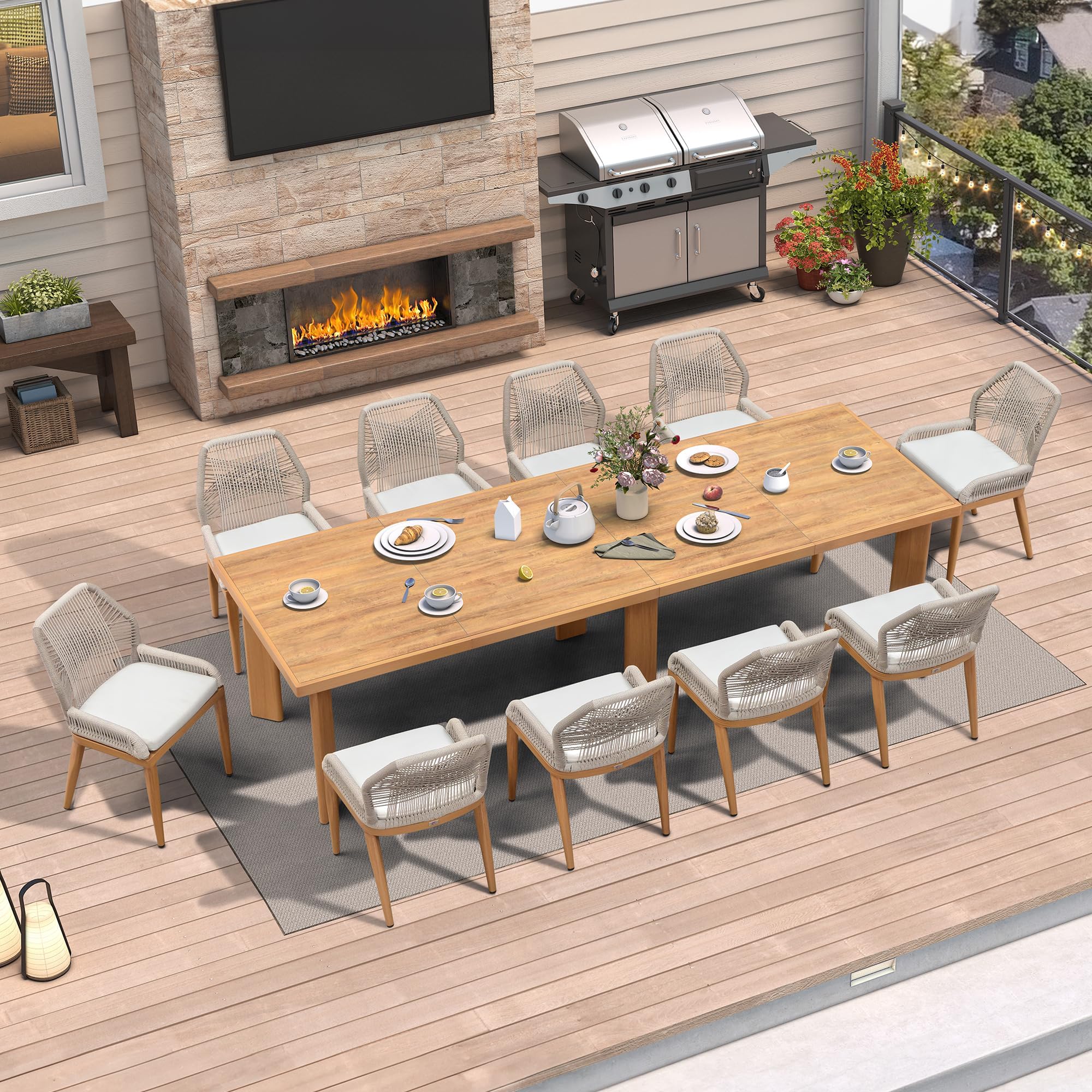 PURPLE LEAF 11 Pieces Patio Dining Set with Cushion and Wicker Back, Teak