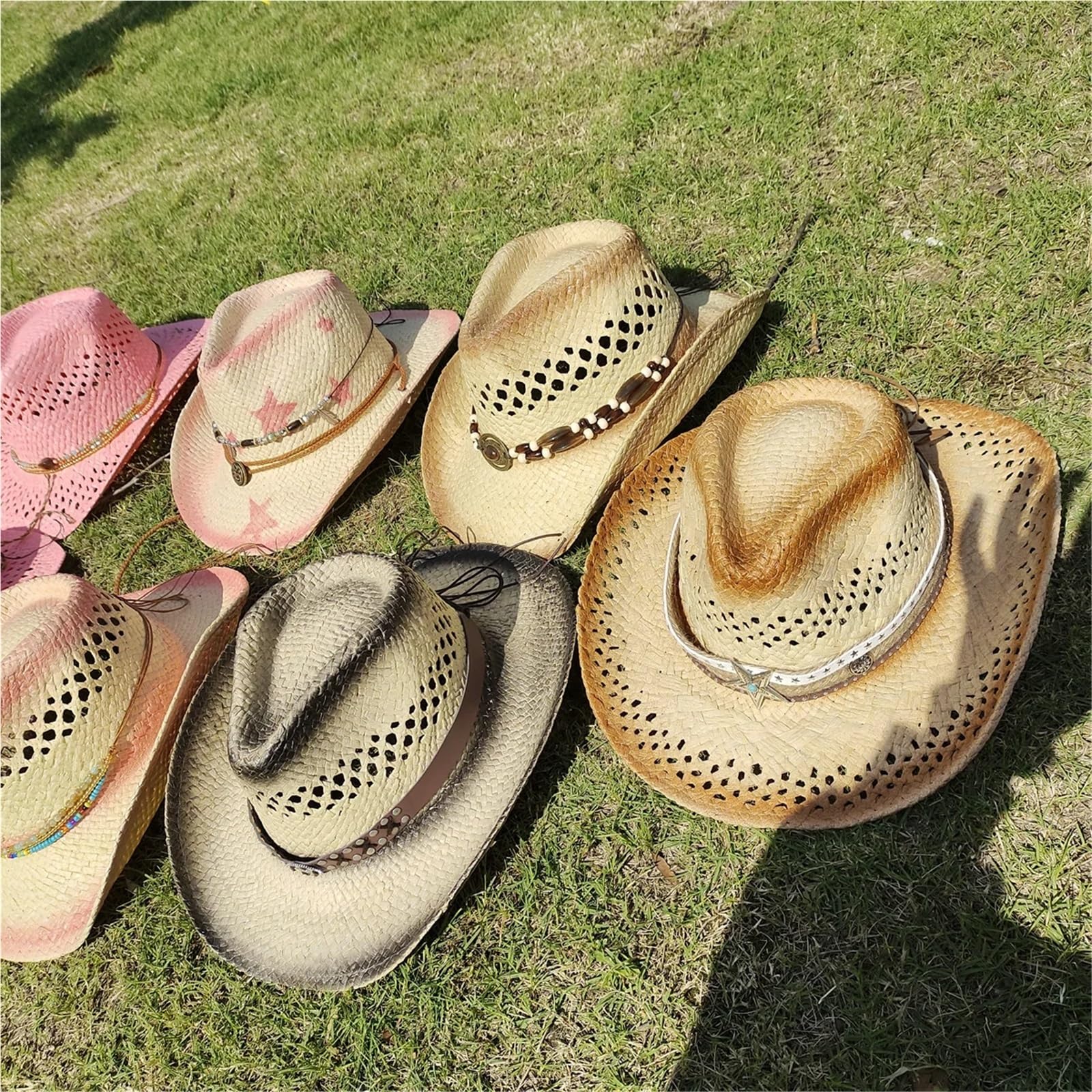 Sombrero de vaquero tejido hueco, sombrero paja, jazz con estrellas, occidental hierba, viaje Para Adulto