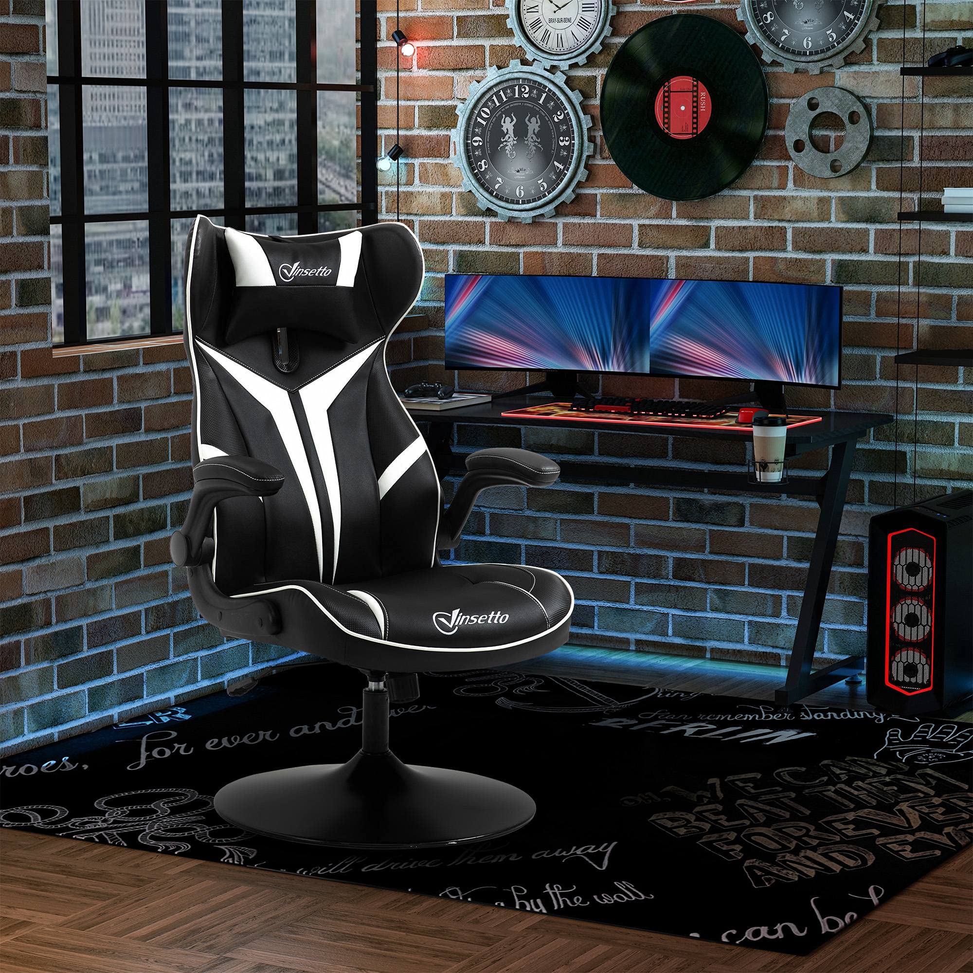 Vinsetto Fauteuil Gamer Chaise de Jeu Gaming pivotante 360° Ergonomique Hauteur réglable accoudoirs revelables Coussin têtière Inclus revêtement Similicuir 67 x 70 x 106-112 cm Blanc et Noir