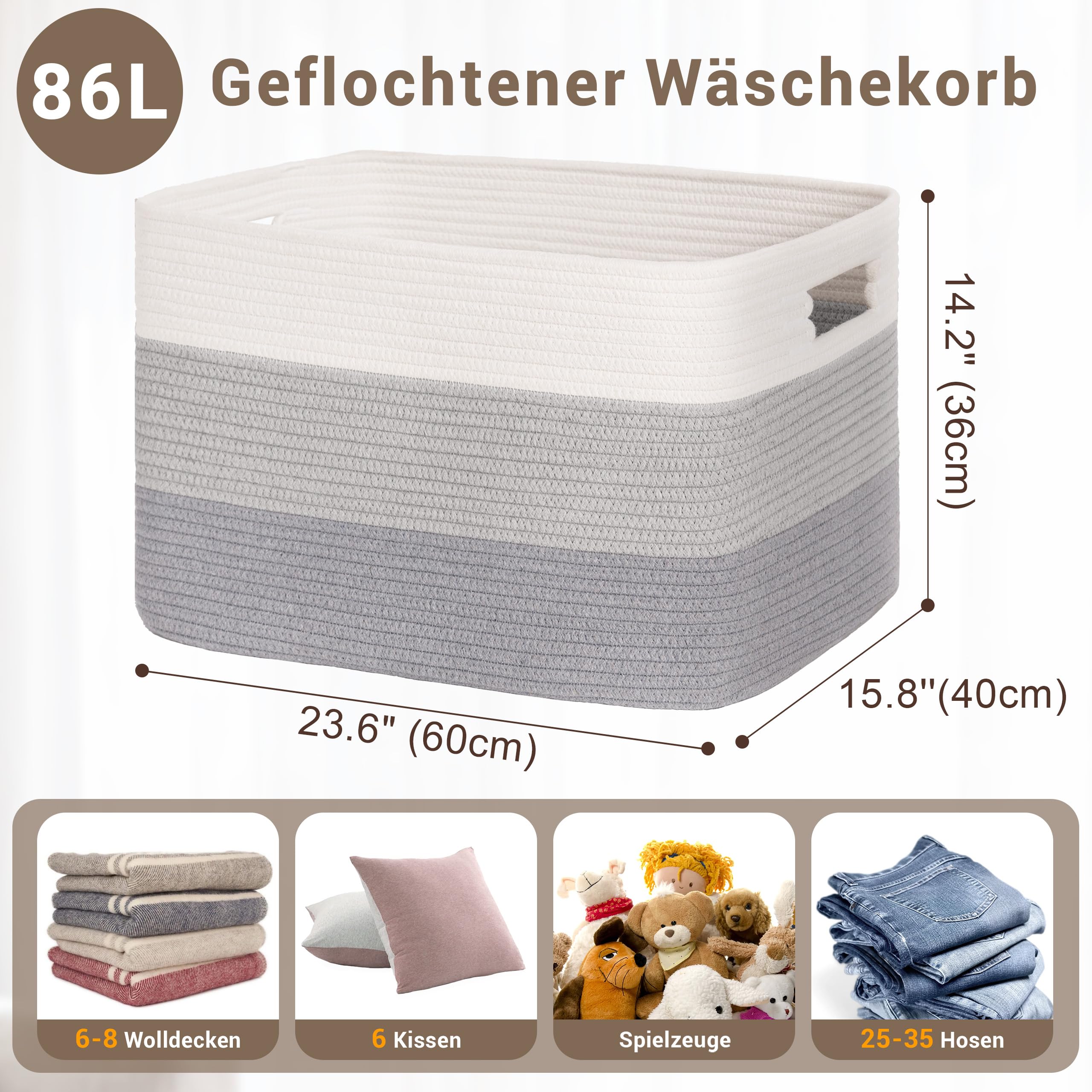 Gran organizador 86L en cuerda de algodón, cesto para juguetes, mantas, ropa, trenzado con asas, recogedor de ropa de tela para decoración de habitación infantil o salón, degradado gris
