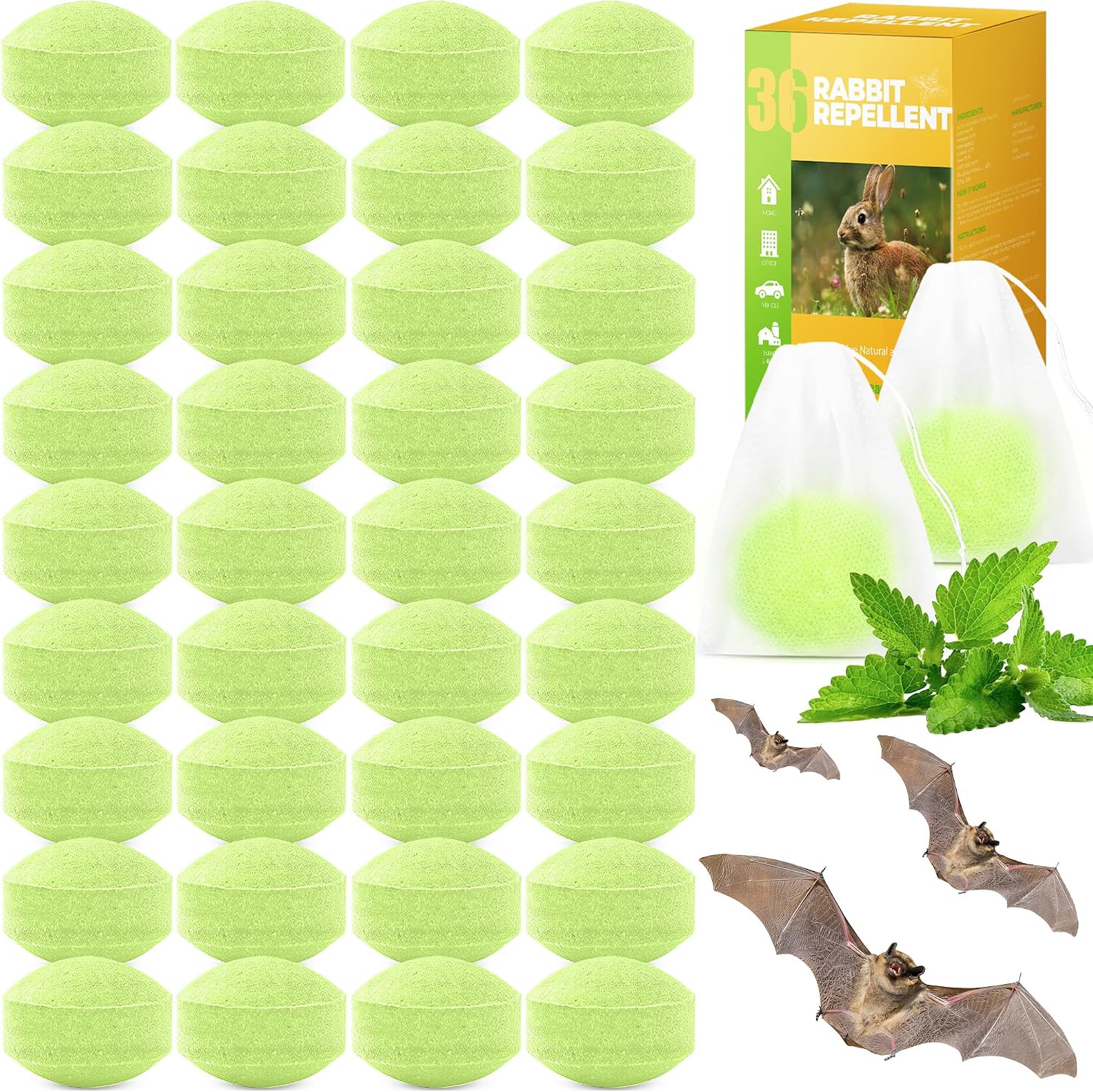 36 Pack Peppermint Oil Bat and Bird Repellent with 36 Mesh Bags | Natural Ready to Use Bat Eagle Repellent for Attic Indoor Outdoor Patio Garden Porch, Pet and Family Safe