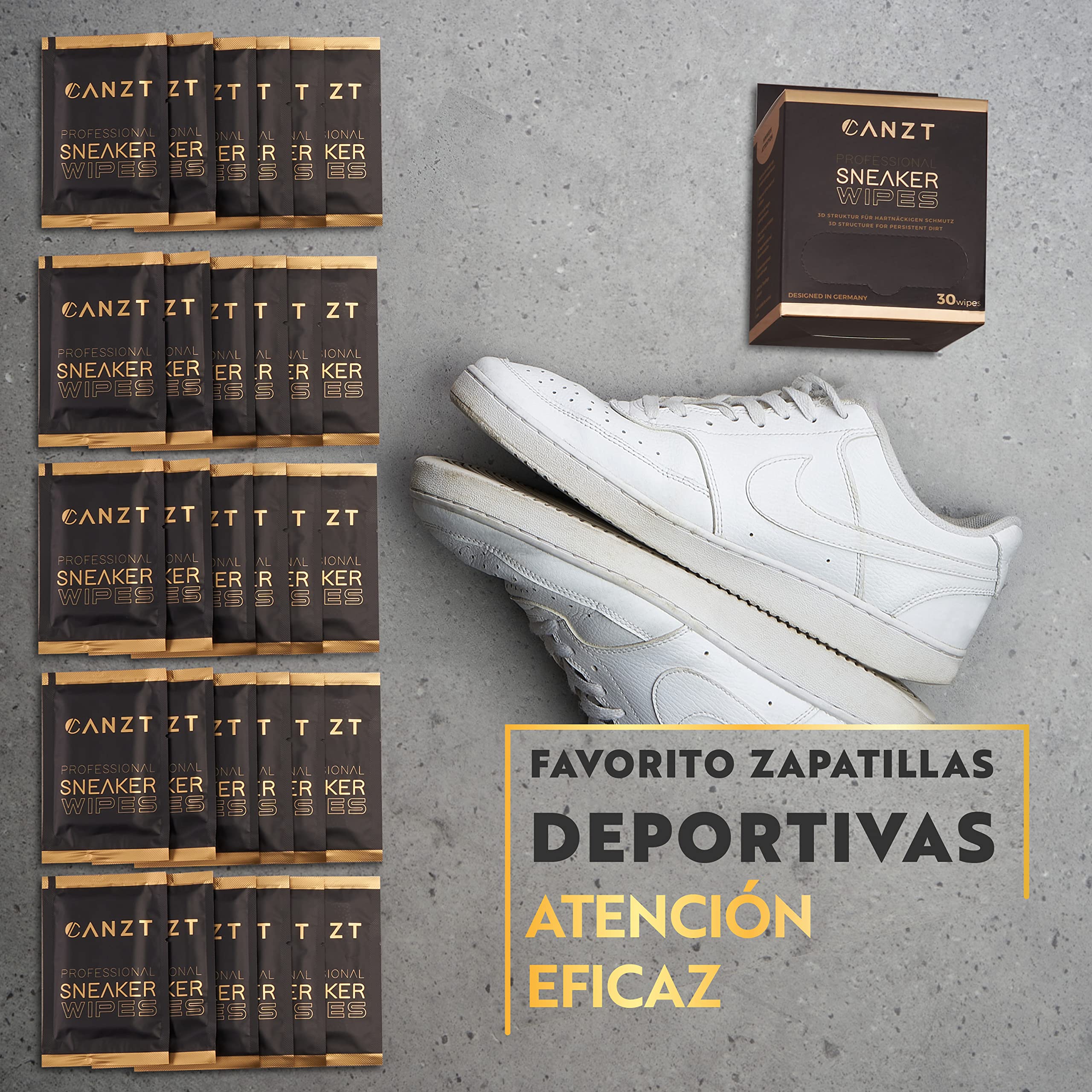 Canzt Sneaker Wipes – Toallitas limpiadoras para zapatillas y calzado, limpieza rápida y eficaz en cuero, ante, nubuck y tejido – Pack de 30 unidades individuales