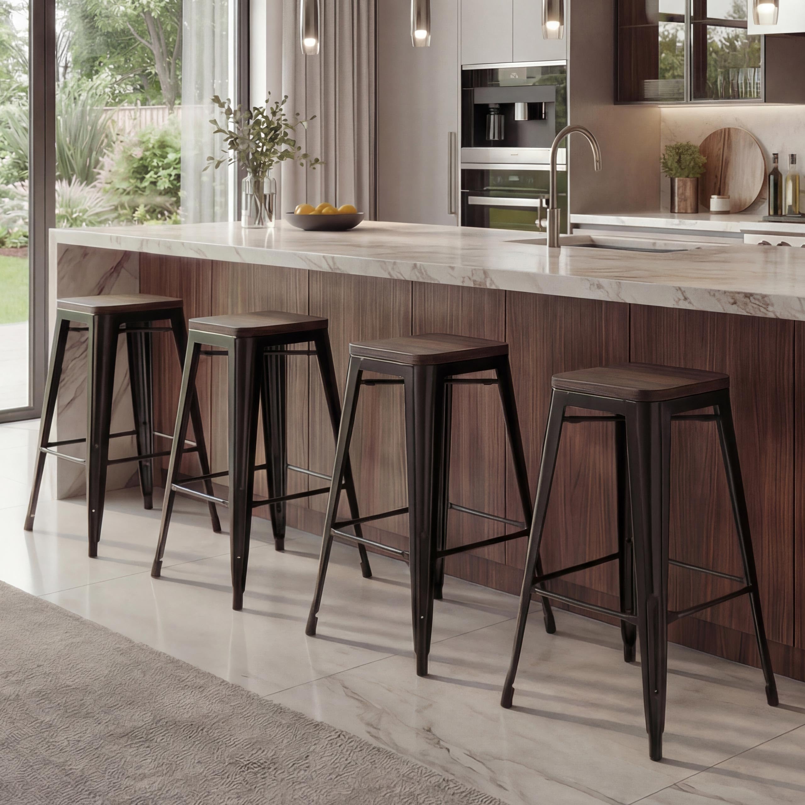 Mendler 4X HWC-A73 - Banquetas Taburete de Bar con Asiento de Madera (apilable, Metal)