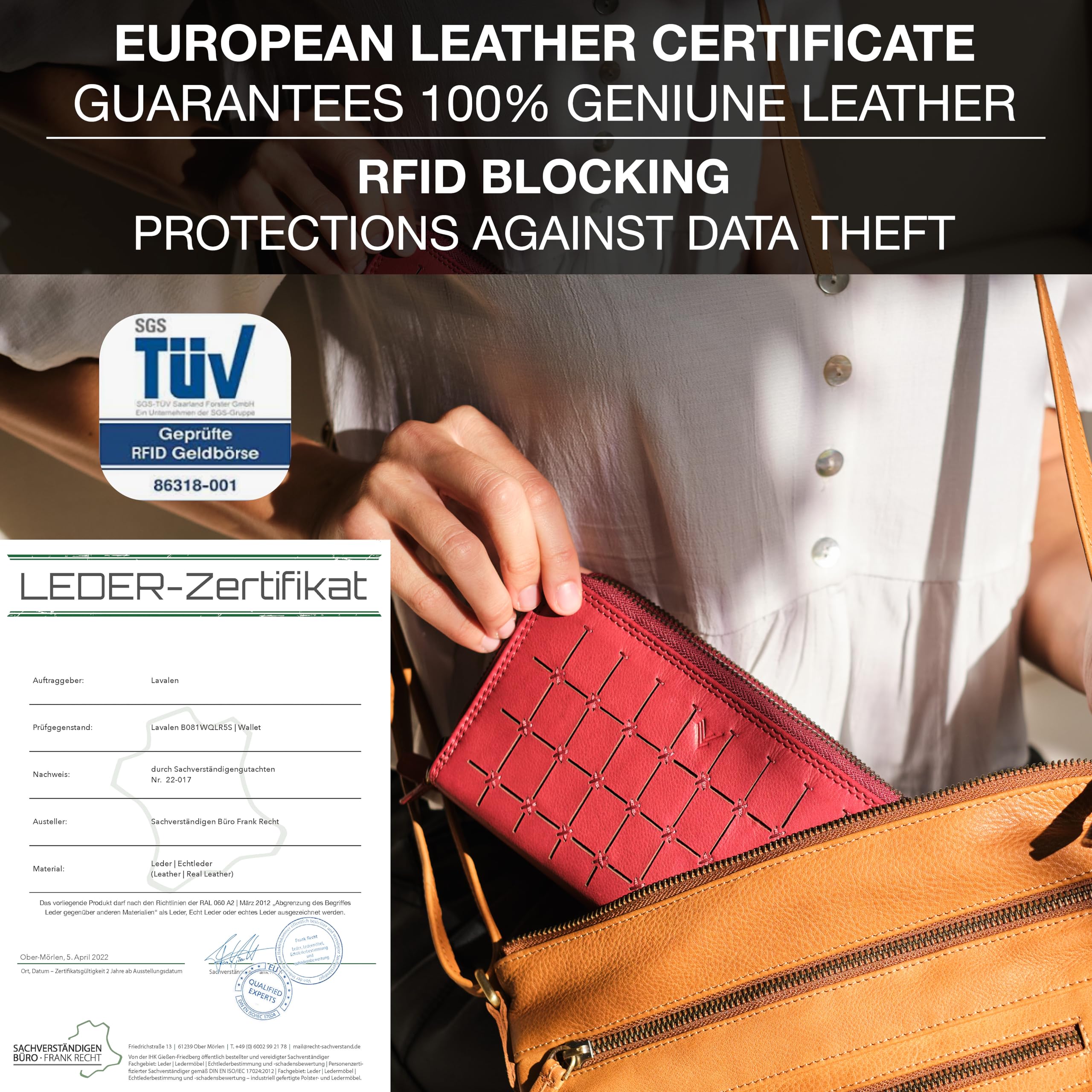 Grand Portefeuille Femme en Cuir – Porte Cartes Grande Capacité avec RFID – Porte Monnaie Élégant Fait Main – Idée Cadeau Originale - Deux Fermetures éclair, Carré - Rouge