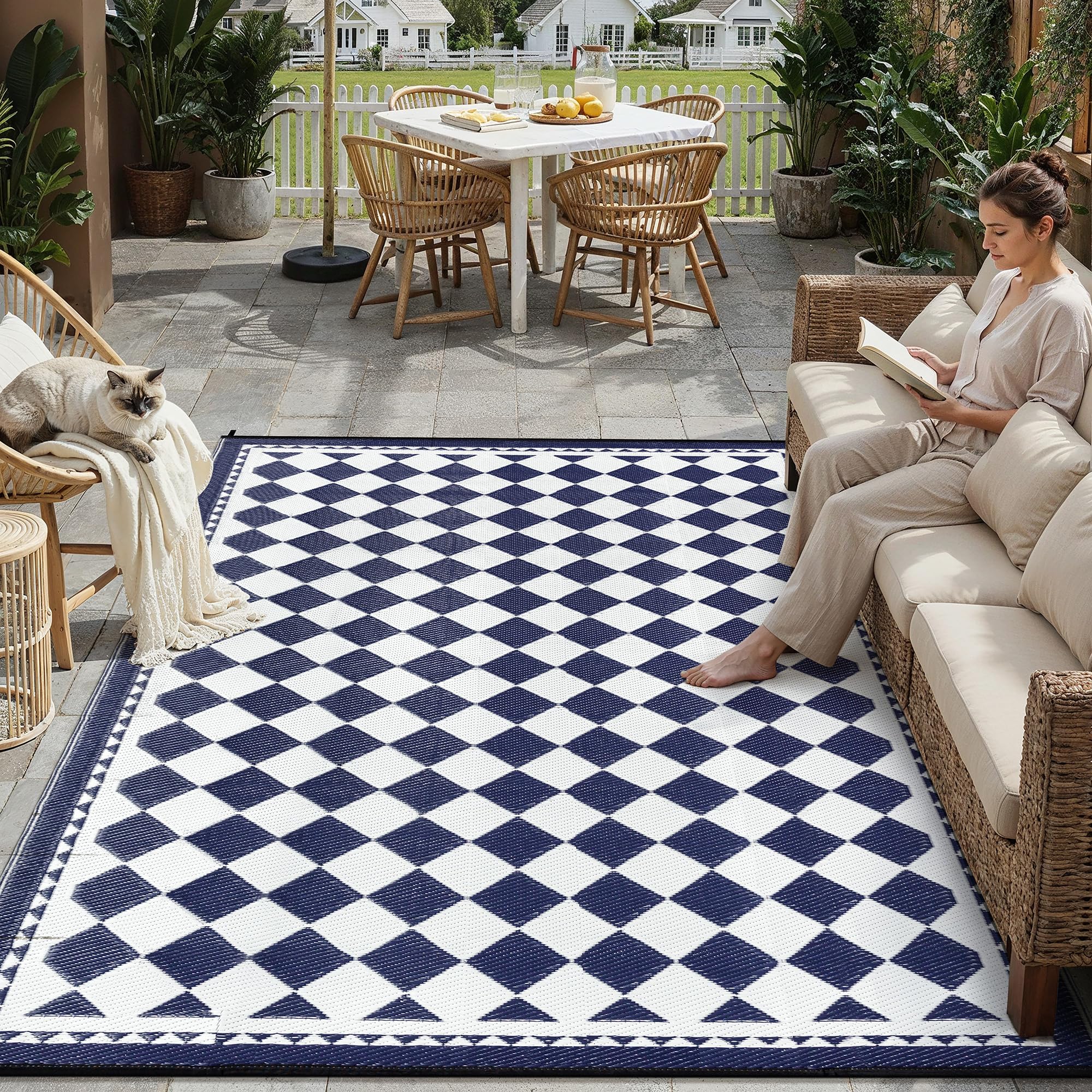 hugear outdoor waterproof rug 10'x14' plastic straw rugs washable reversible floor mat blue plaid carpet for camping rv deck entryance porch picnic balcony beach backyard