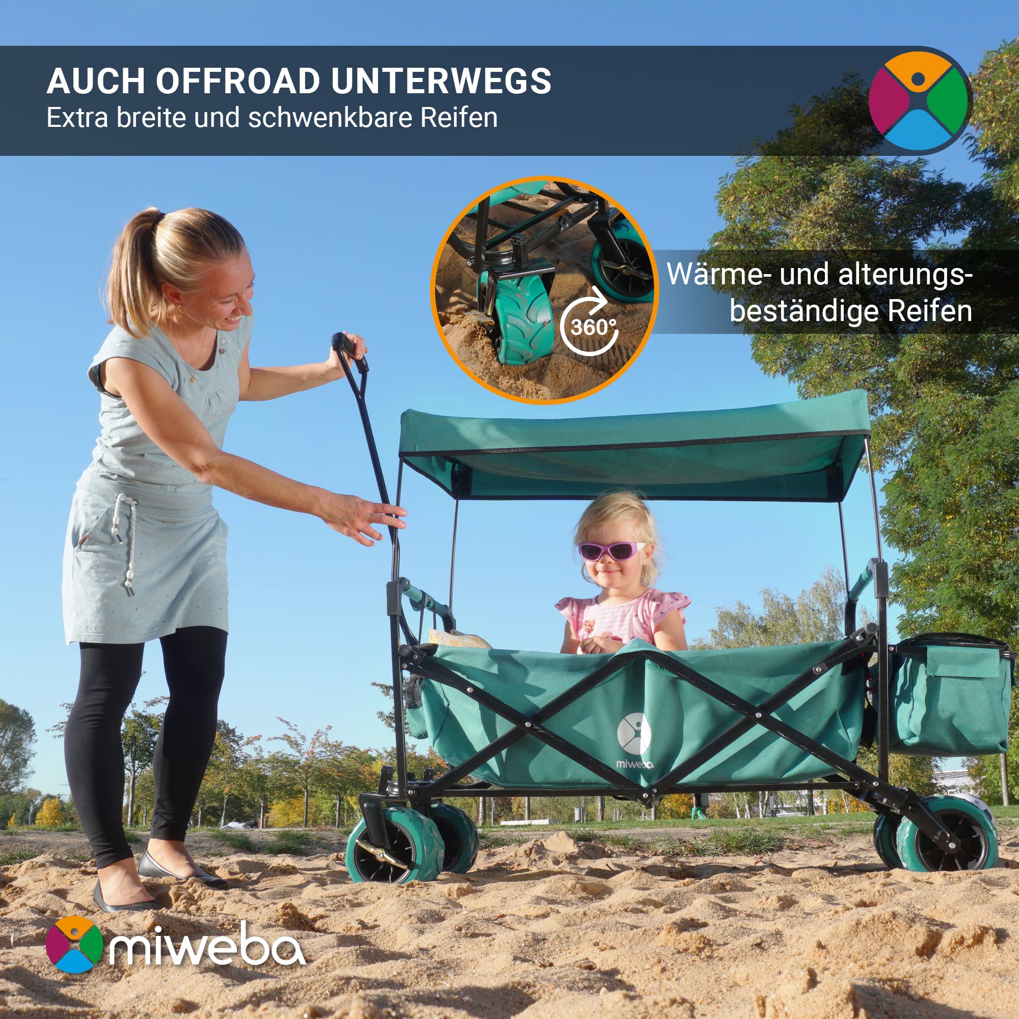 Miweba Bollerwagen faltbar MB-10 | Traglast 100 kg - Kinderwagen mit Dach - Handwagen faltbar - Transportwagen für Kinder - Wagen klappbar - Strandwagen - Gartenwagen - Faltwagen (Hellgrau/Dunkelgrau)