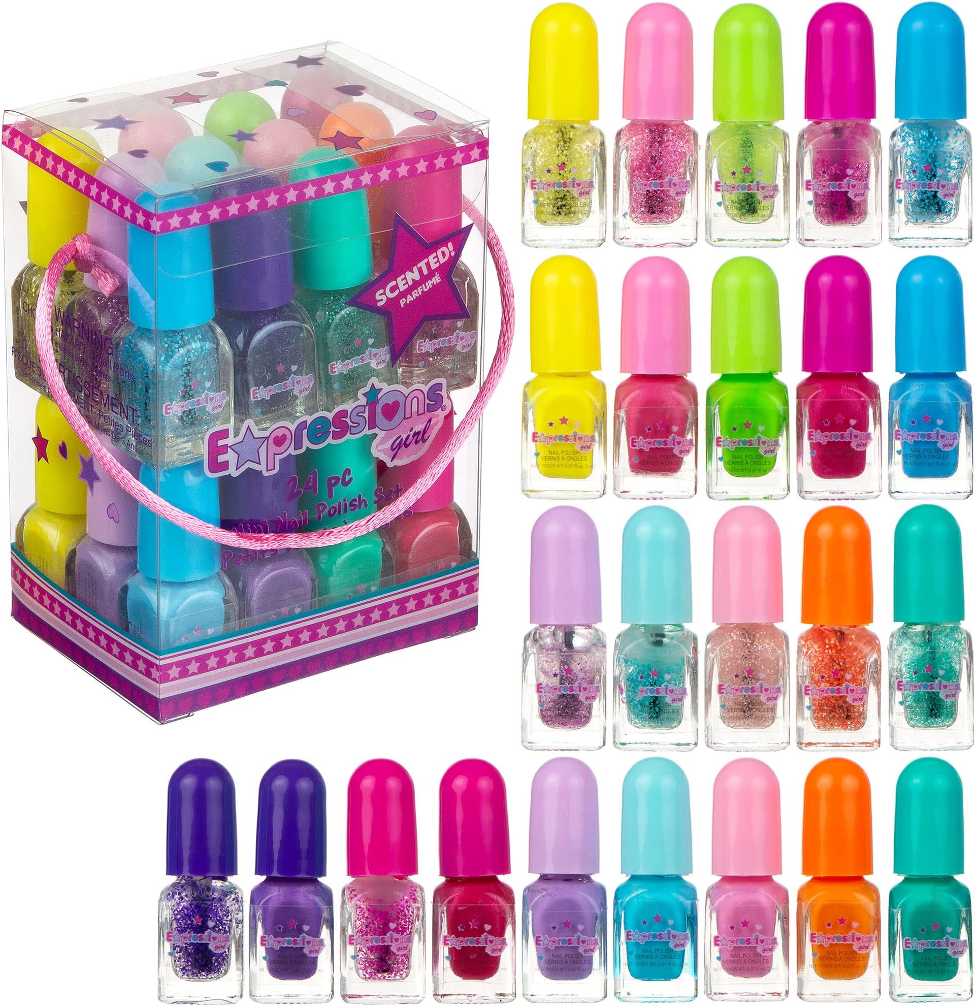 24pc Scented Nail Polish Value Pack – Shiny & Glitter Shades | Non-Toxic Water-Based Manicure & Pedicure Kit for Girls | Fun Nail Art Gift Set for Kids & Teens – Safe Colors
