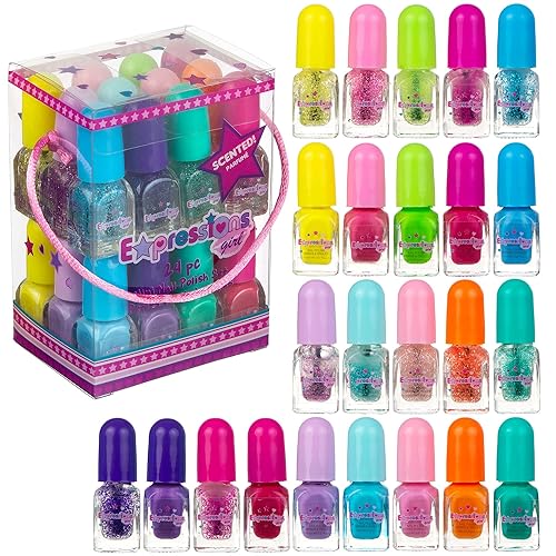 Paquete económico de 24 esmaltes de uñas perfumados, tonos brillantes y brillantes, kit de manicura y pedicura a base de agua no tóxico para niñas,
